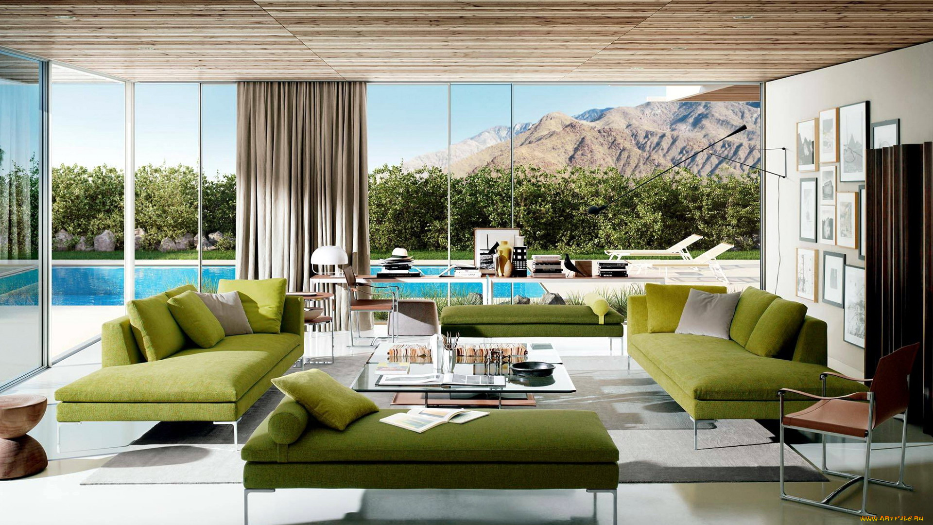 интерьер, гостиная, горы, диваны, стол