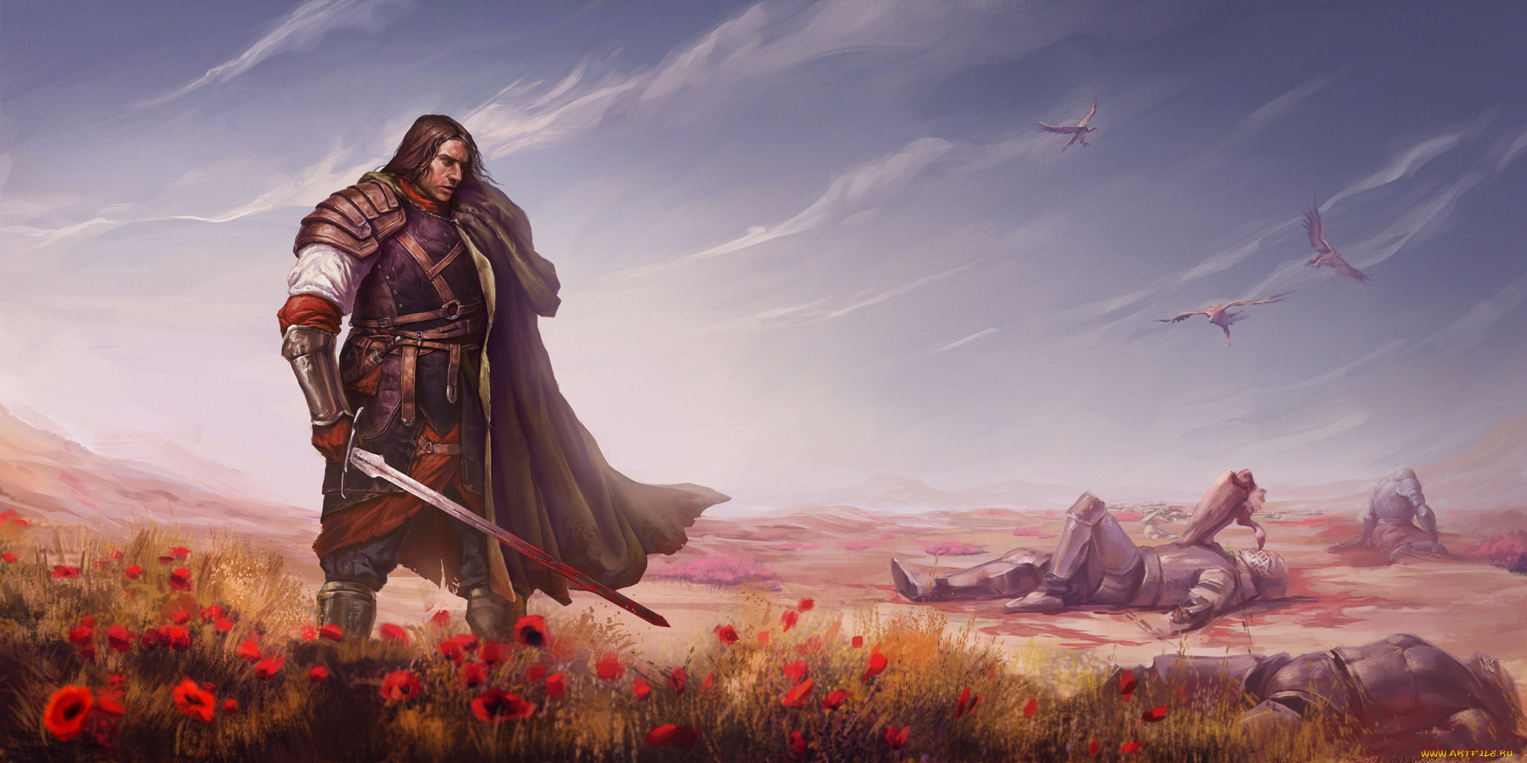 фэнтези, люди, меч, мак, птица, плащ, фон, мужчина