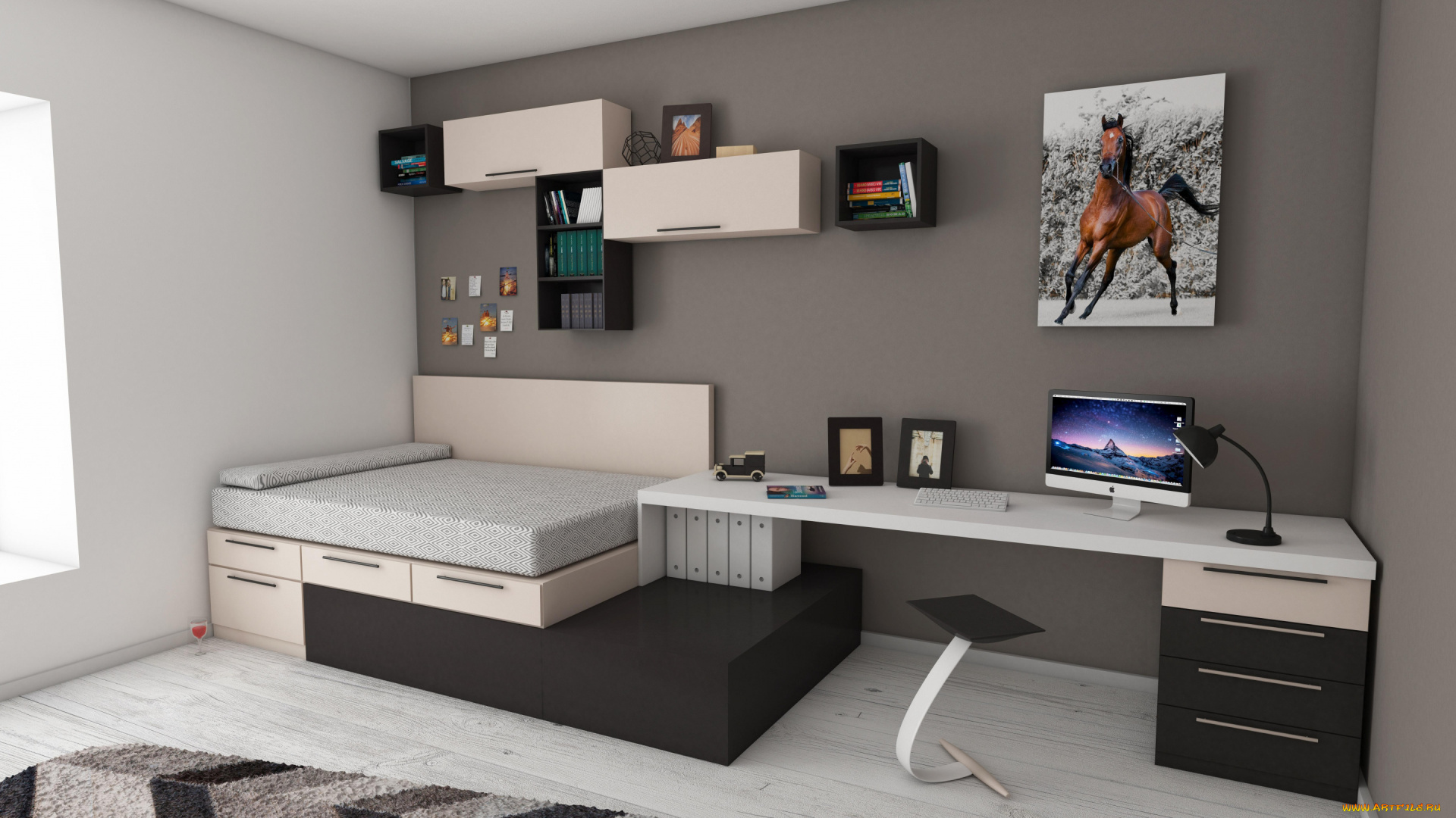 интерьер, детская, комната, картина, письменный, стол, ноутбук