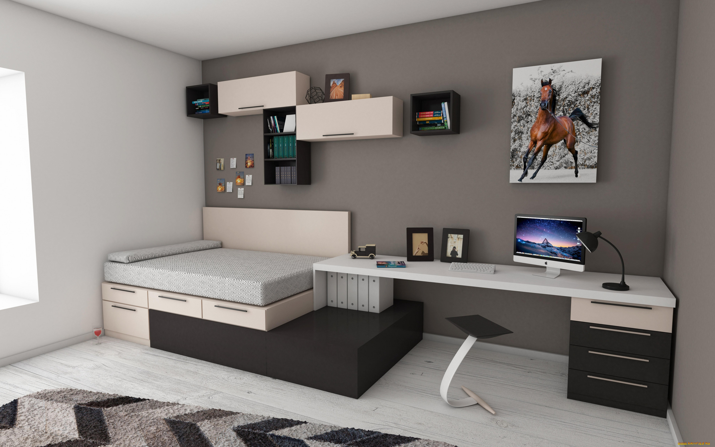 интерьер, детская, комната, картина, письменный, стол, ноутбук