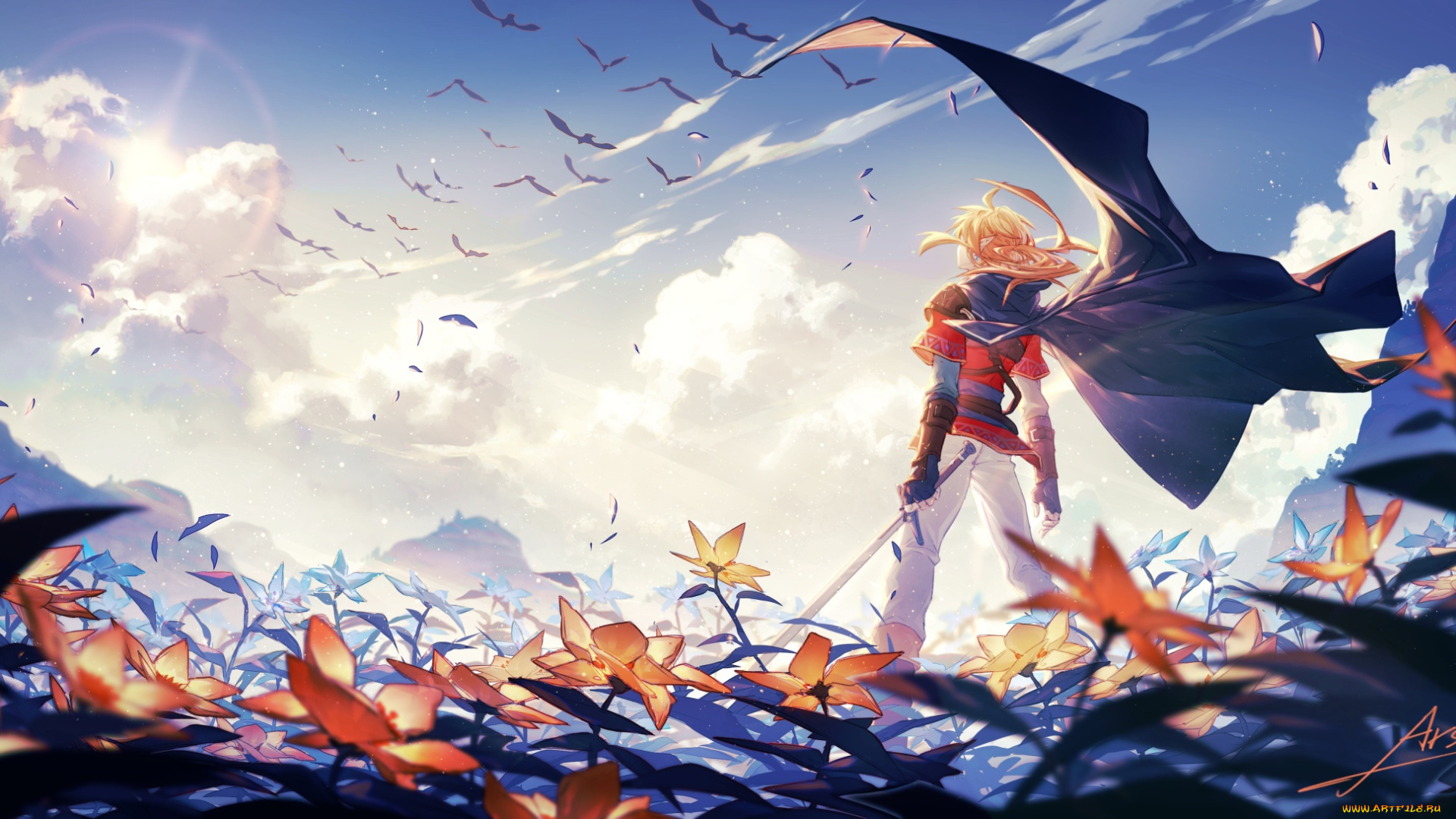 видео, игры, the, legend, of, zelda, линк, цветы, птицы