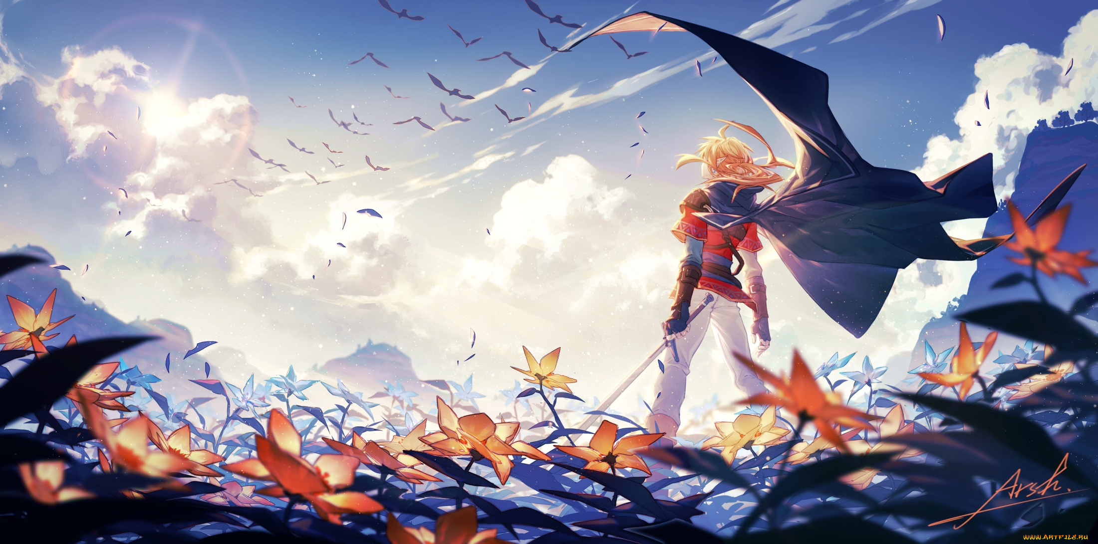 видео, игры, the, legend, of, zelda, линк, цветы, птицы