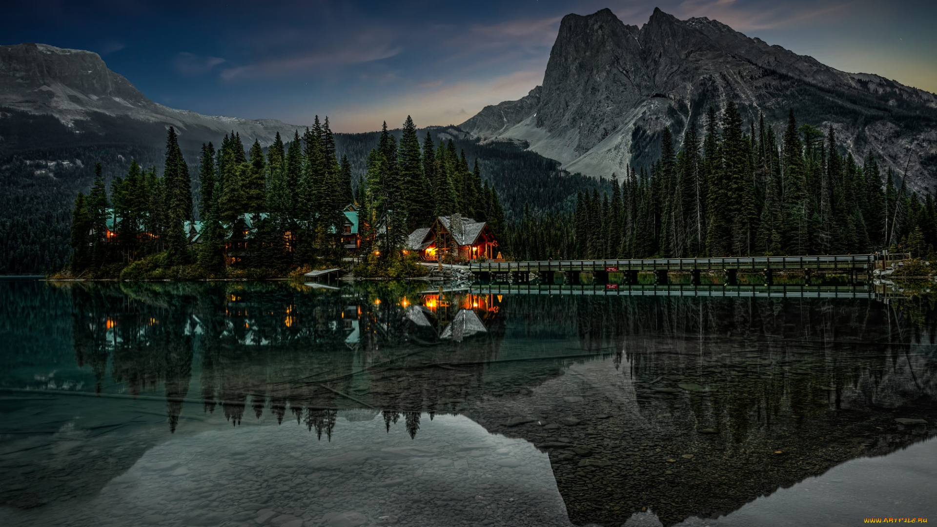 города, -, здания, , дома, лес, горы, ночь, мост, огни, отражение, скалы, берег, ели, альпы, домики, домик, водоем
