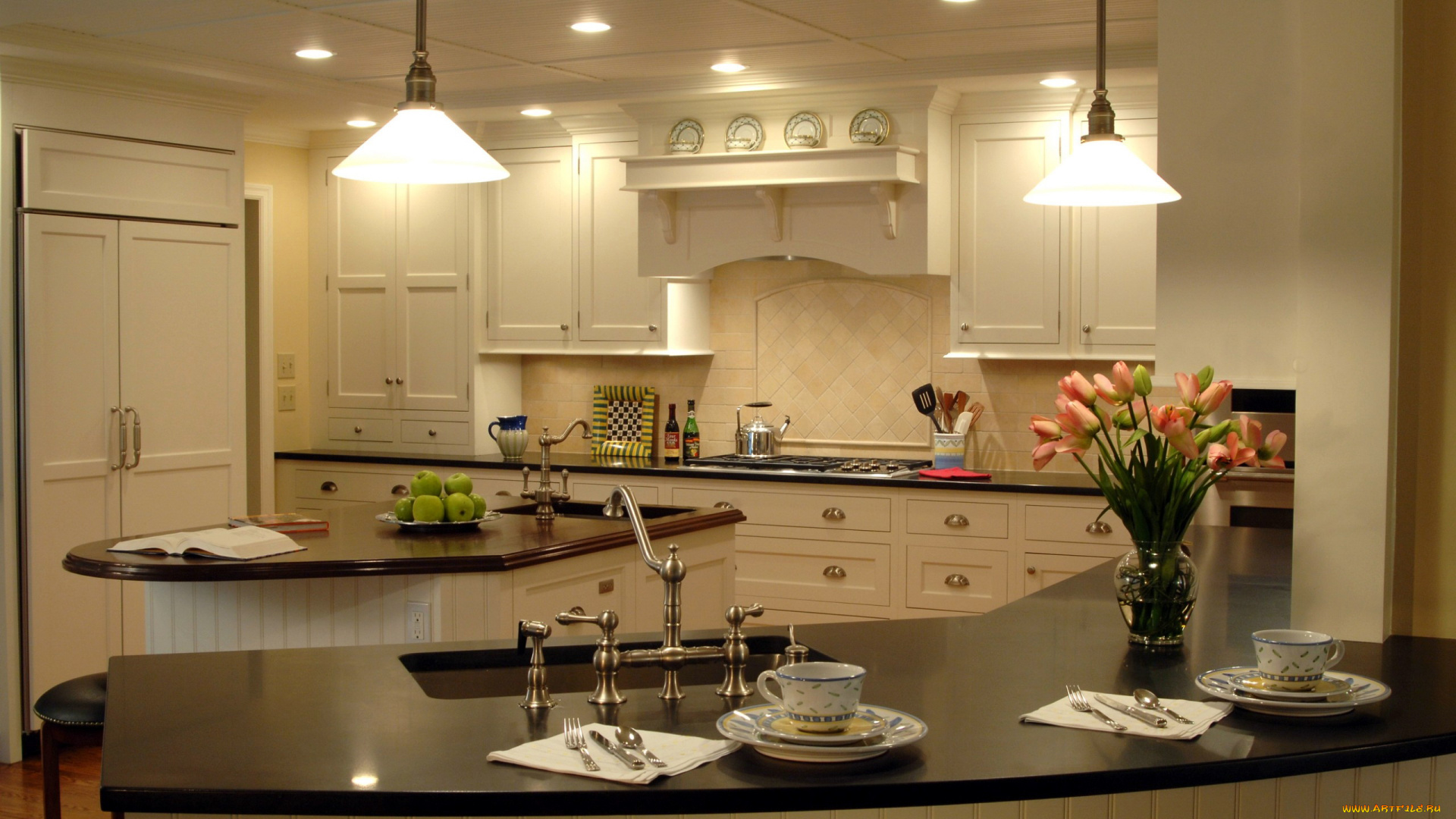 интерьер, кухня, плита, шкафчики, барная, стойка, букет