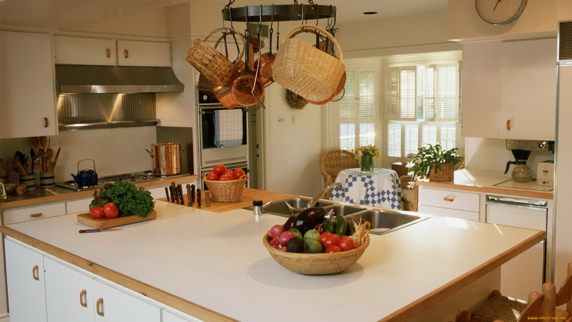 интерьер, кухня, плита, стол, часы