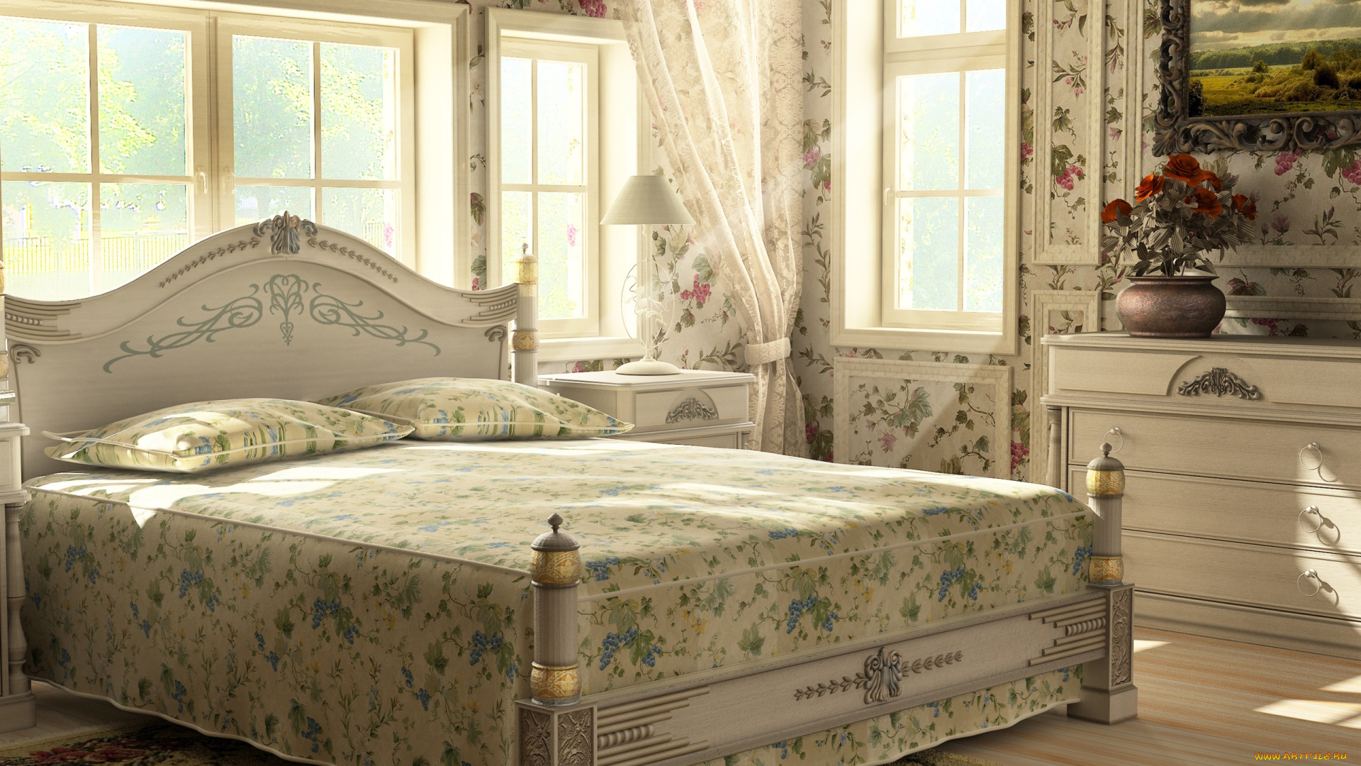 интерьер, спальня, кровать, настольная, лампа, картина