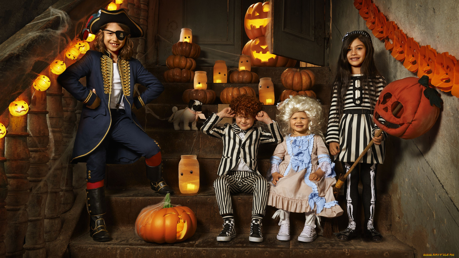 разное, дети, костюмы, хэллоуин, ступени, тыквы, свечи