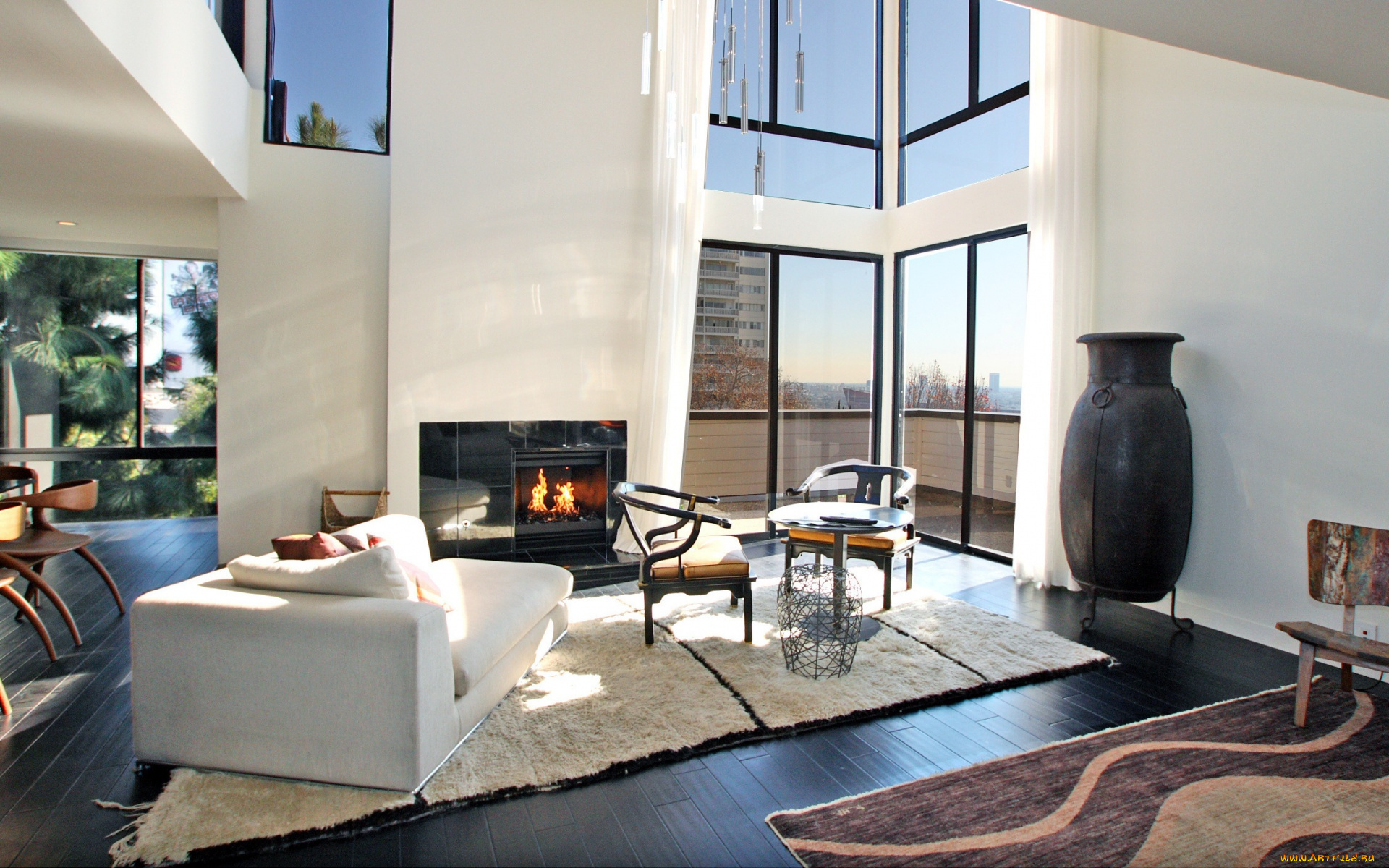 интерьер, гостиная, камин, мягкий, уголок, ваза