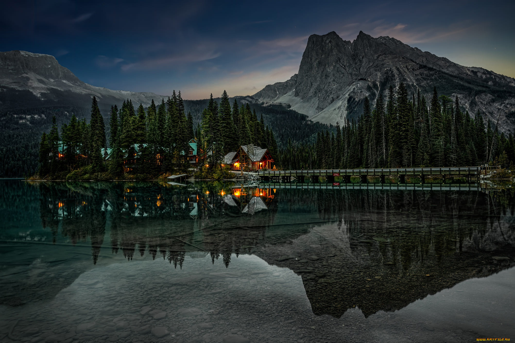 города, -, здания, , дома, лес, горы, ночь, мост, огни, отражение, скалы, берег, ели, альпы, домики, домик, водоем