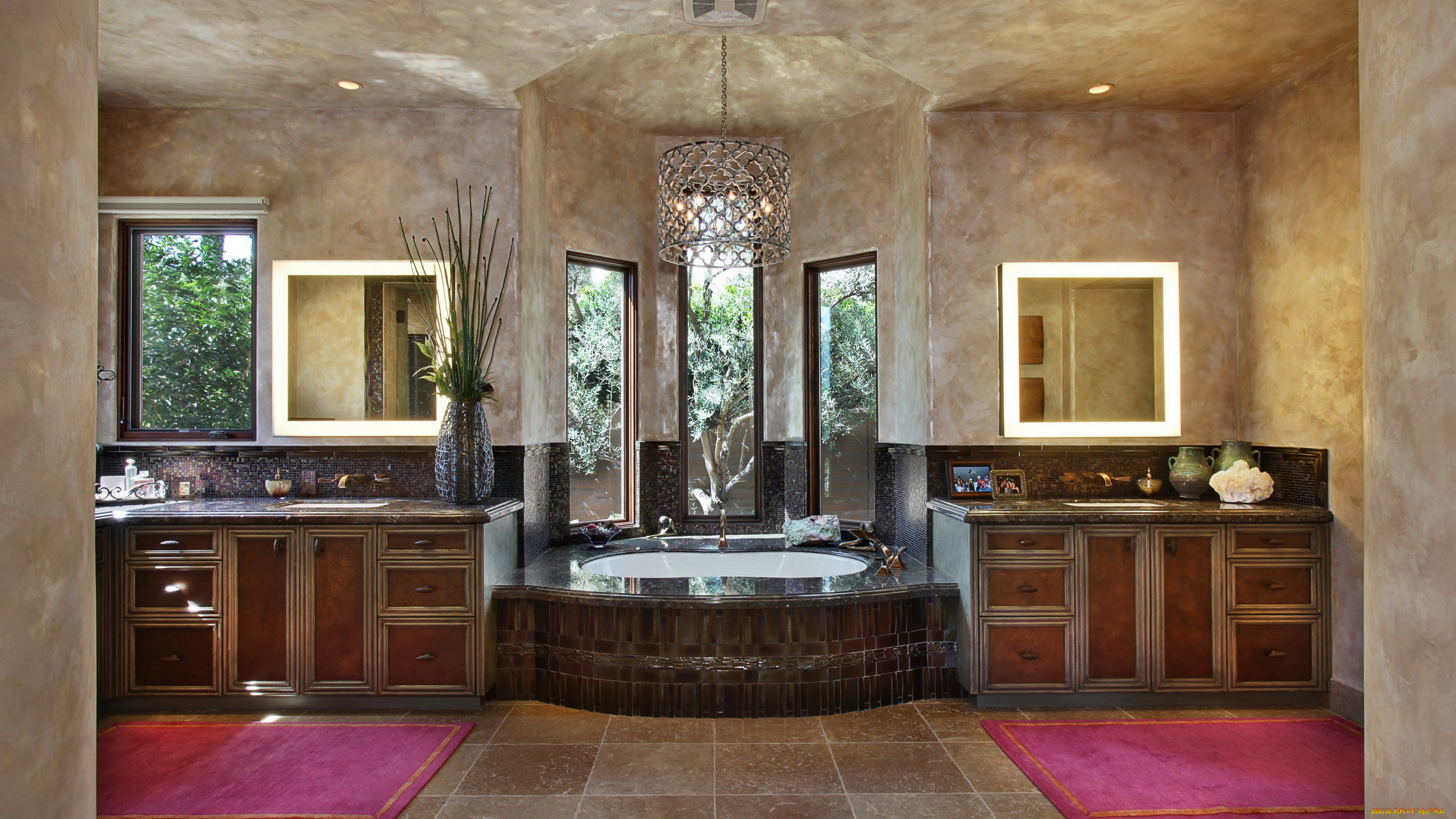 интерьер, ванная, и, туалетная, комнаты, комната, ванная, зеркала, ванна, шкафчики