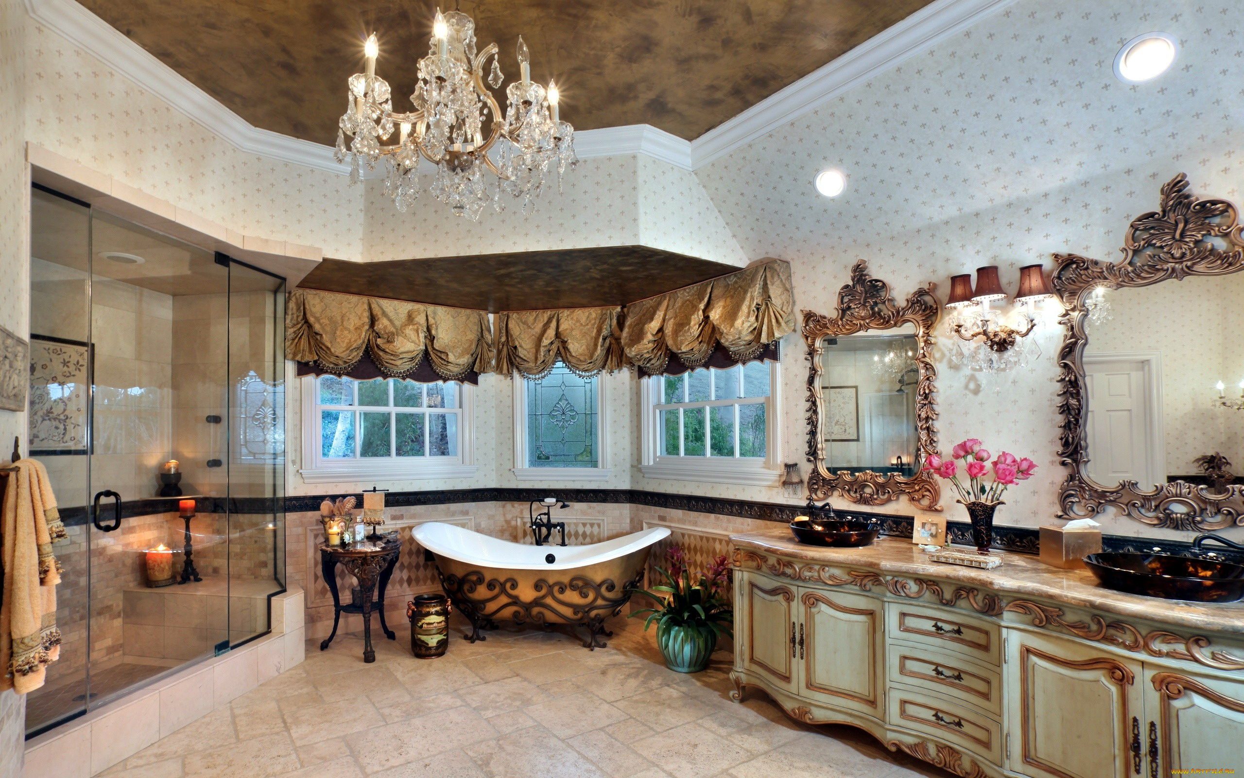 интерьер, ванная, и, туалетная, комнаты, роскошная, ванная, комната, ванна, зеркала