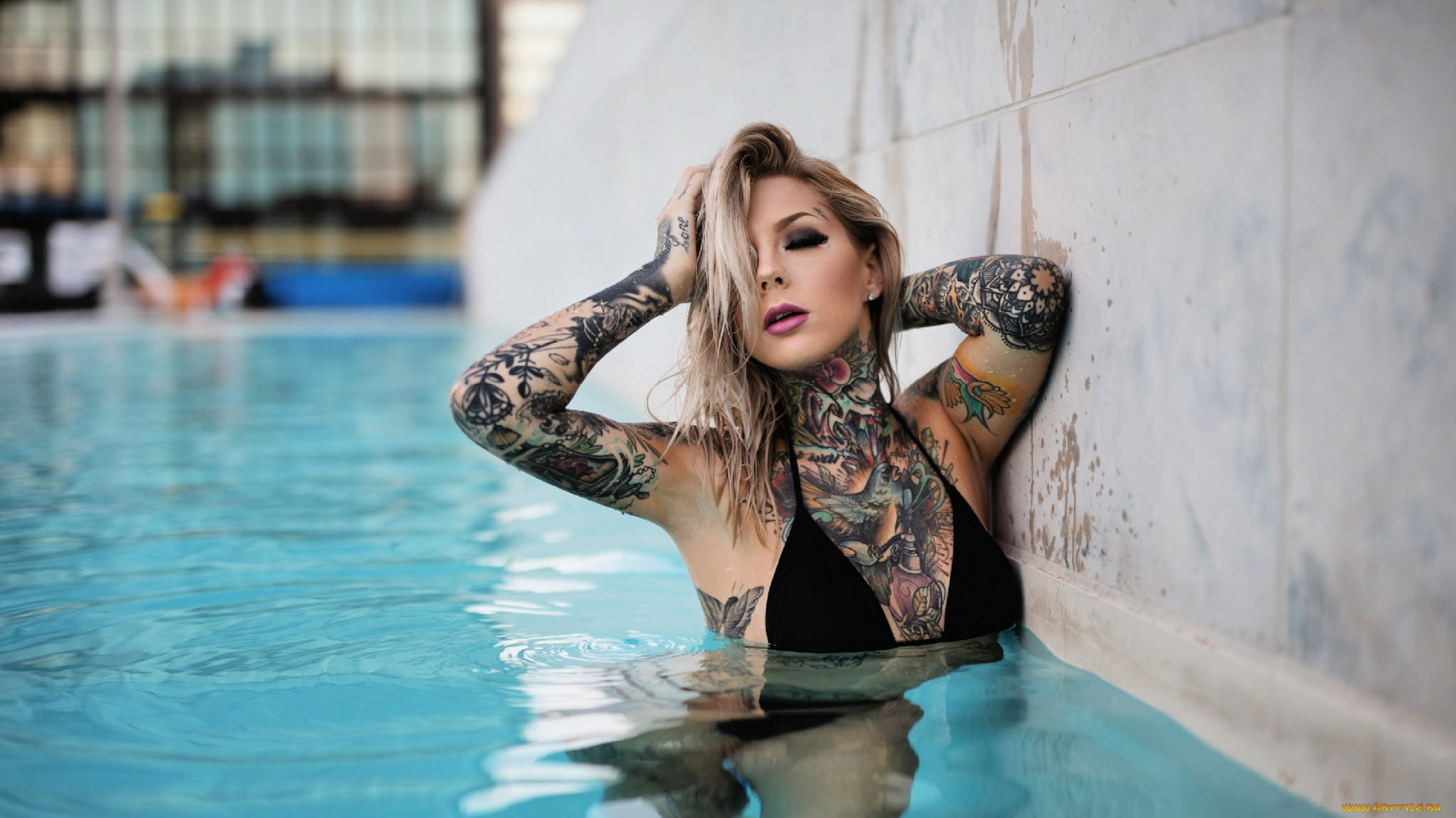 девушки, madison, skye, бассейн, тату