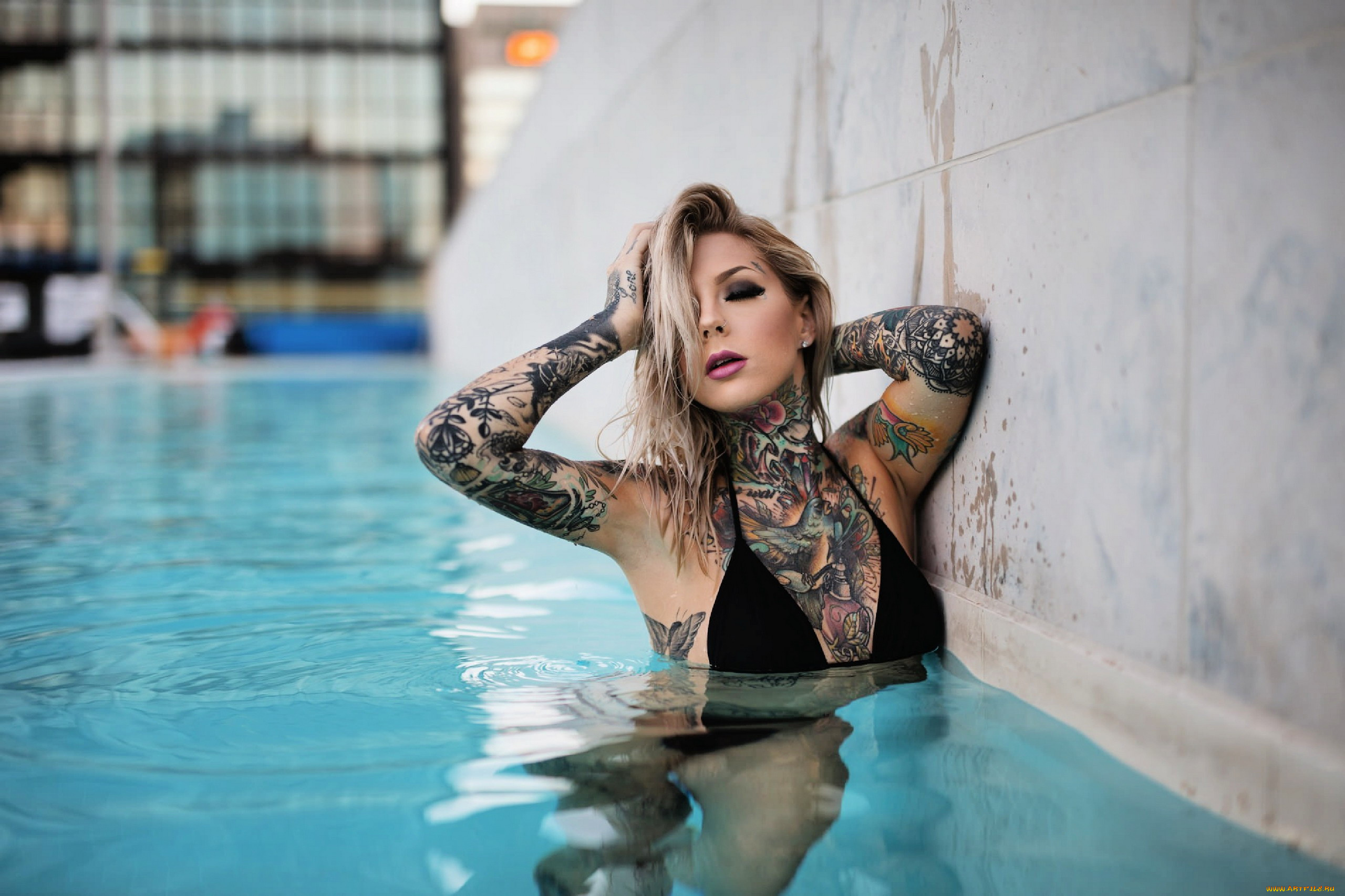 девушки, madison, skye, бассейн, тату