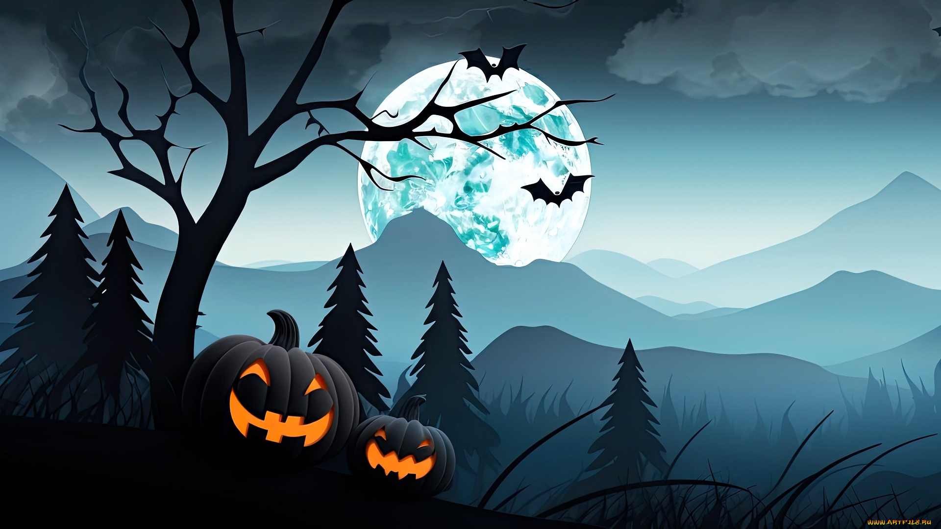 рисованное, праздники, хэллоуин, тыквы, деревья, горы, летучие, мыши, луна