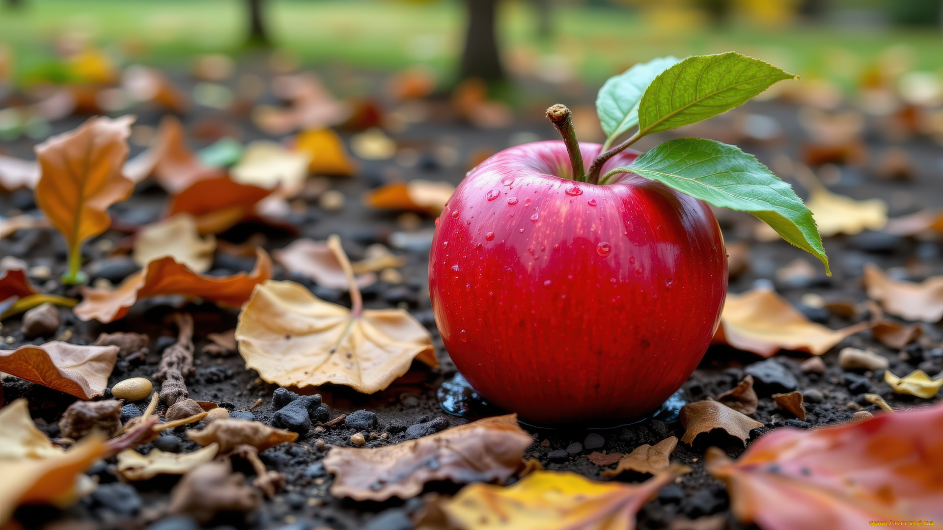 3д, графика, еда-, food, листья, красное, яблоко