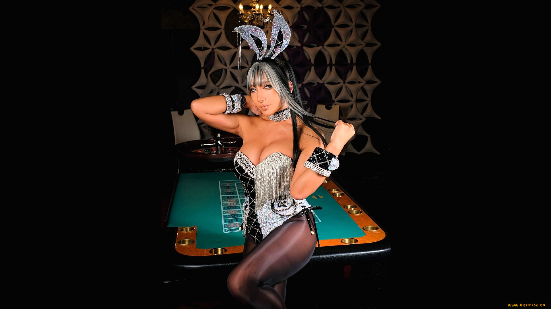 девушки, nonsummerjack, образ, косплей, наряд, костюм, ушки, боди, казино, стол