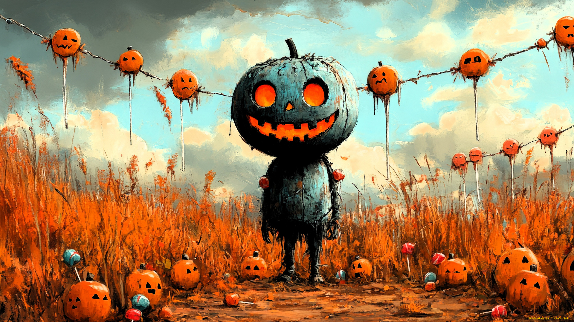 фэнтези, нежить, праздник, хэллоуин, гирлянда, тыквы, существо, листья, поле