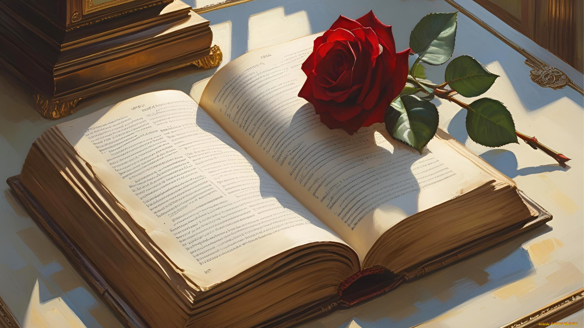 рисованное, цветы, открытая, книга, алая, роза