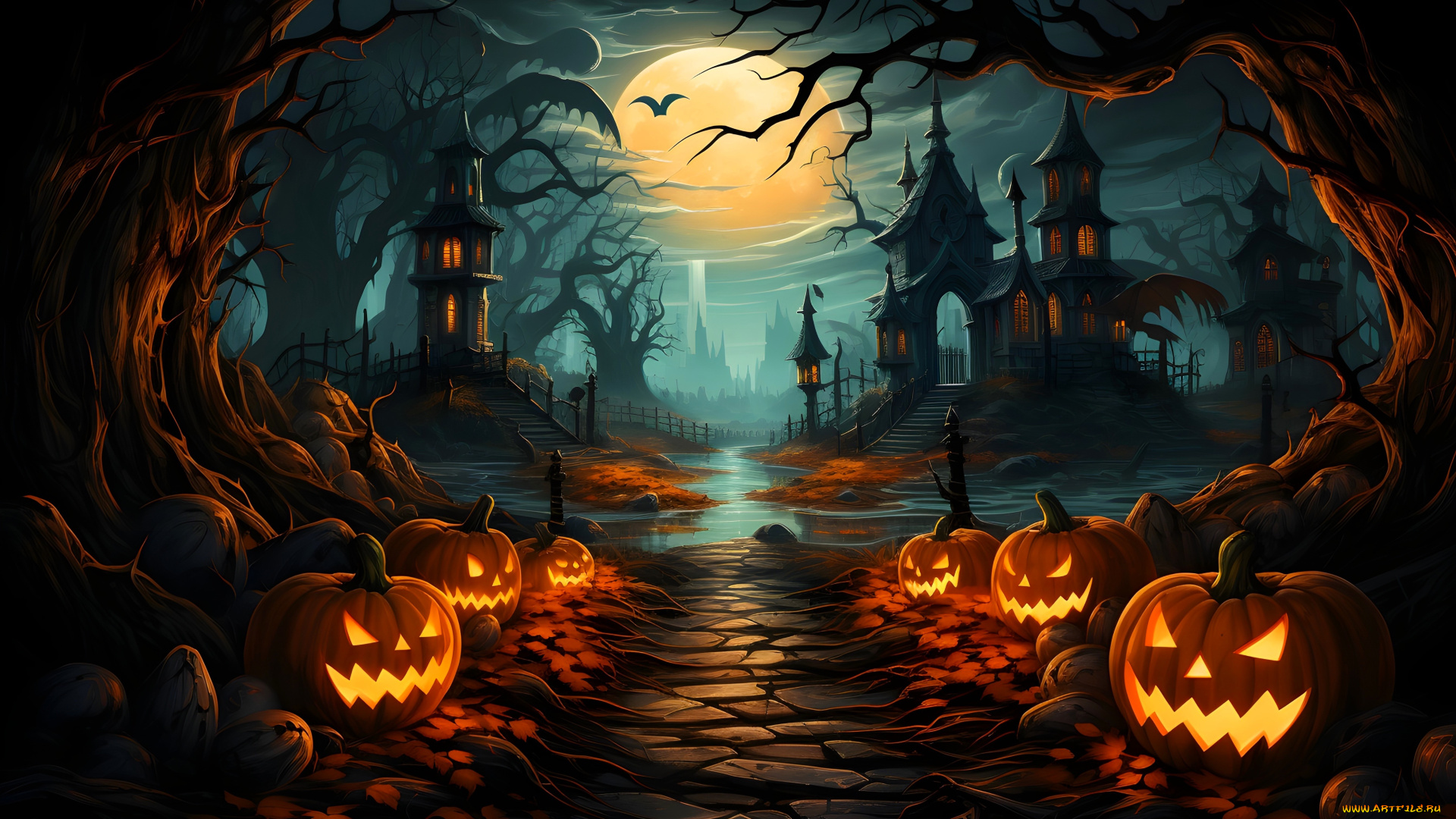 рисованное, праздники, хэллоуин, тыквы, ночь, луна, деревья, дорожка, дома