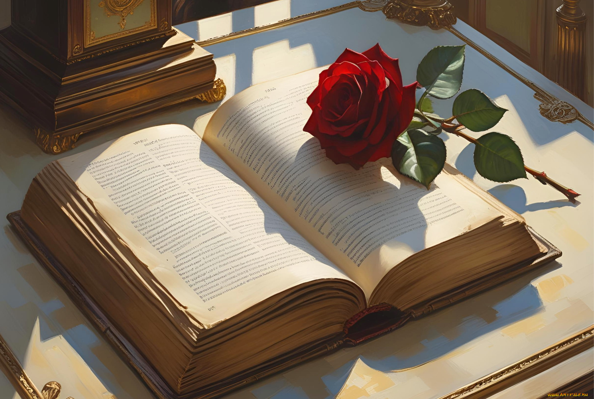 рисованное, цветы, открытая, книга, алая, роза