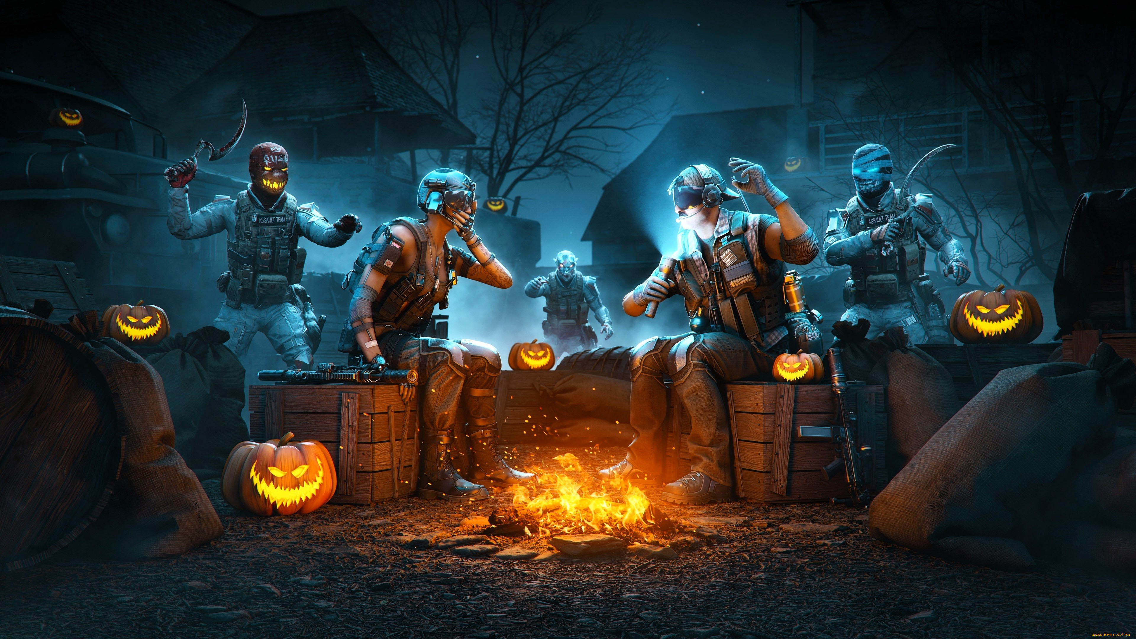 видео, игры, warface, дома, деревня, машина, люди, маски, оружие, ящики, тыквы, костер