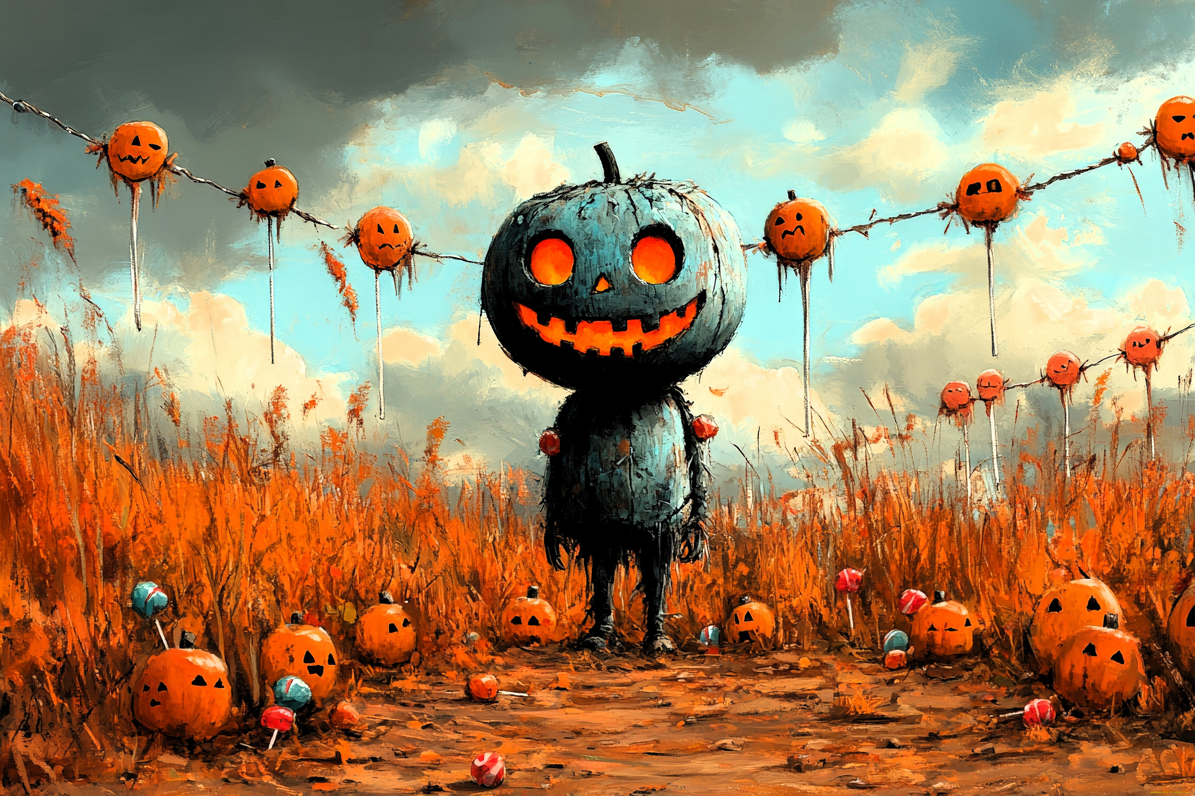 фэнтези, нежить, праздник, хэллоуин, гирлянда, тыквы, существо, листья, поле