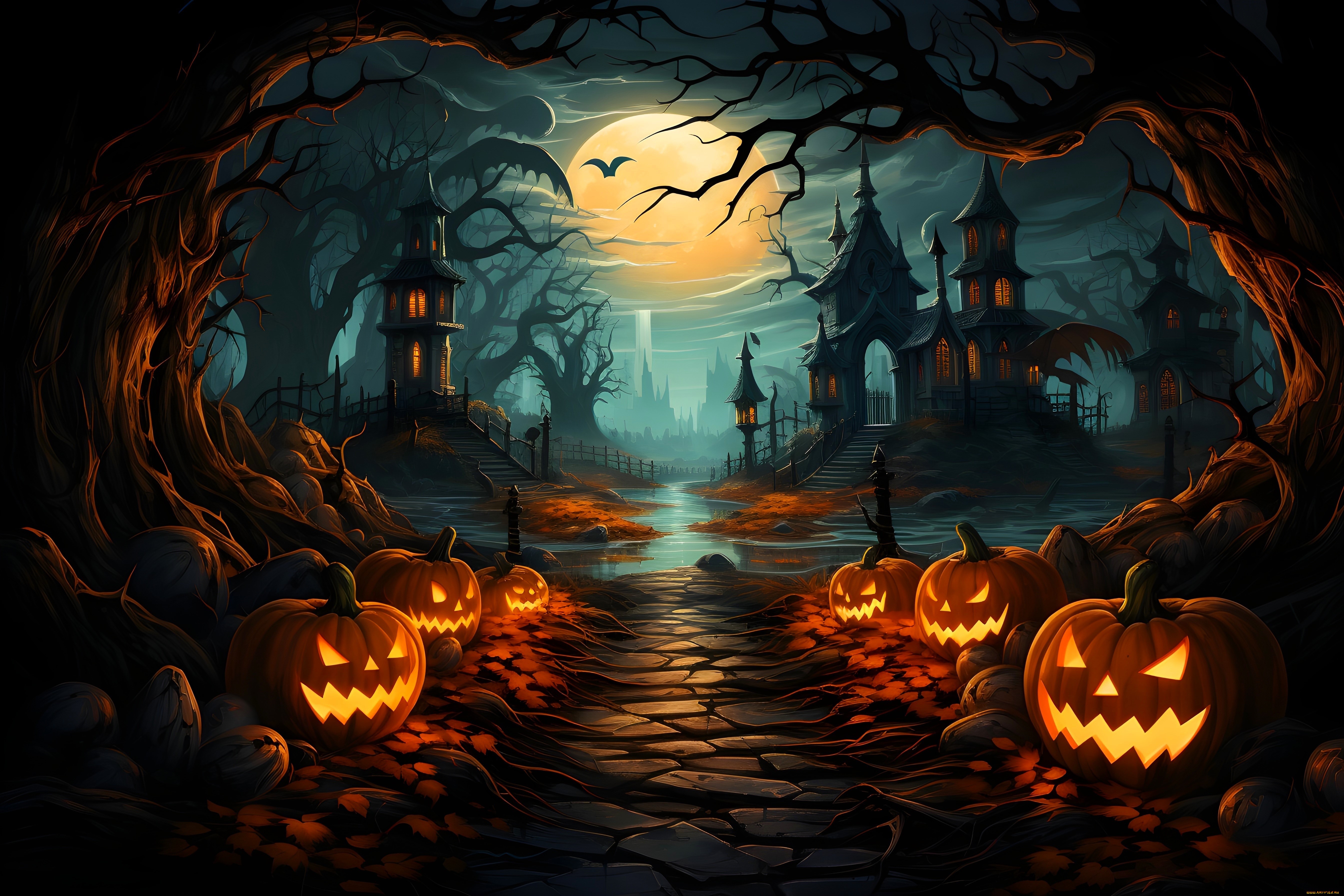 рисованное, праздники, хэллоуин, тыквы, ночь, луна, деревья, дорожка, дома