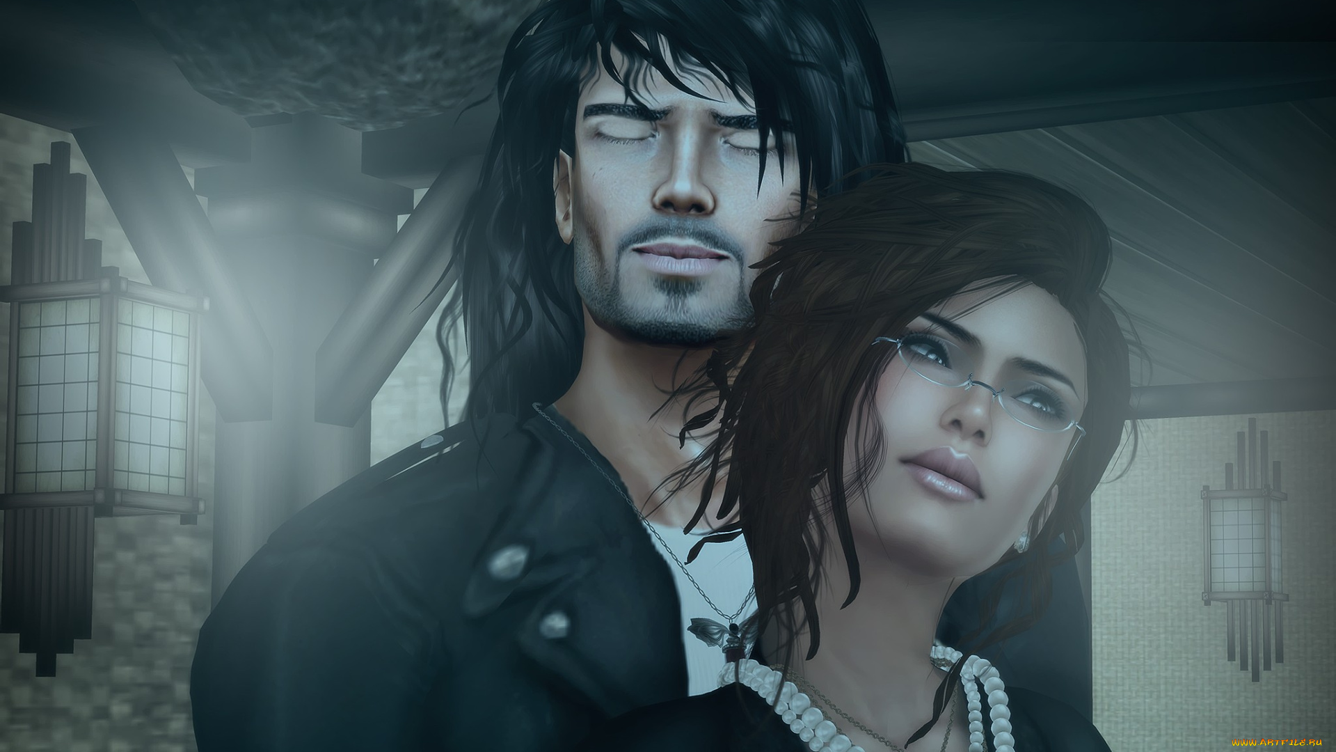 3д, графика, romance, мужчина, женщина, бородка, очки