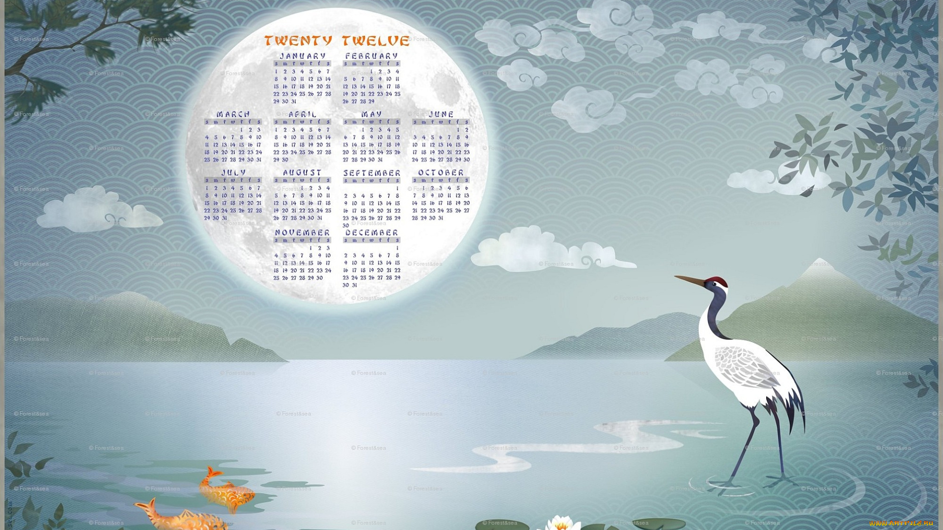 календари, рисованные, векторная, графика, рыба, озеро, лилии, цапля