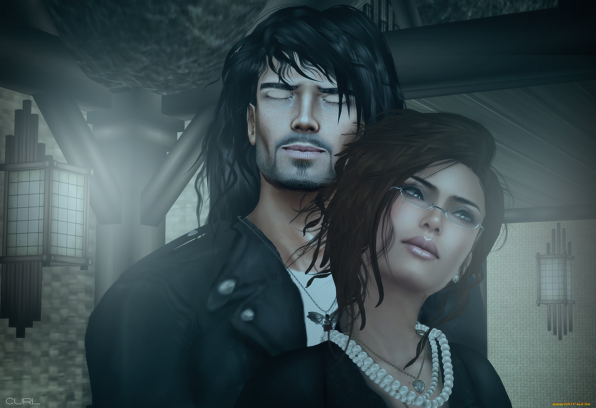 3д, графика, romance, мужчина, женщина, бородка, очки