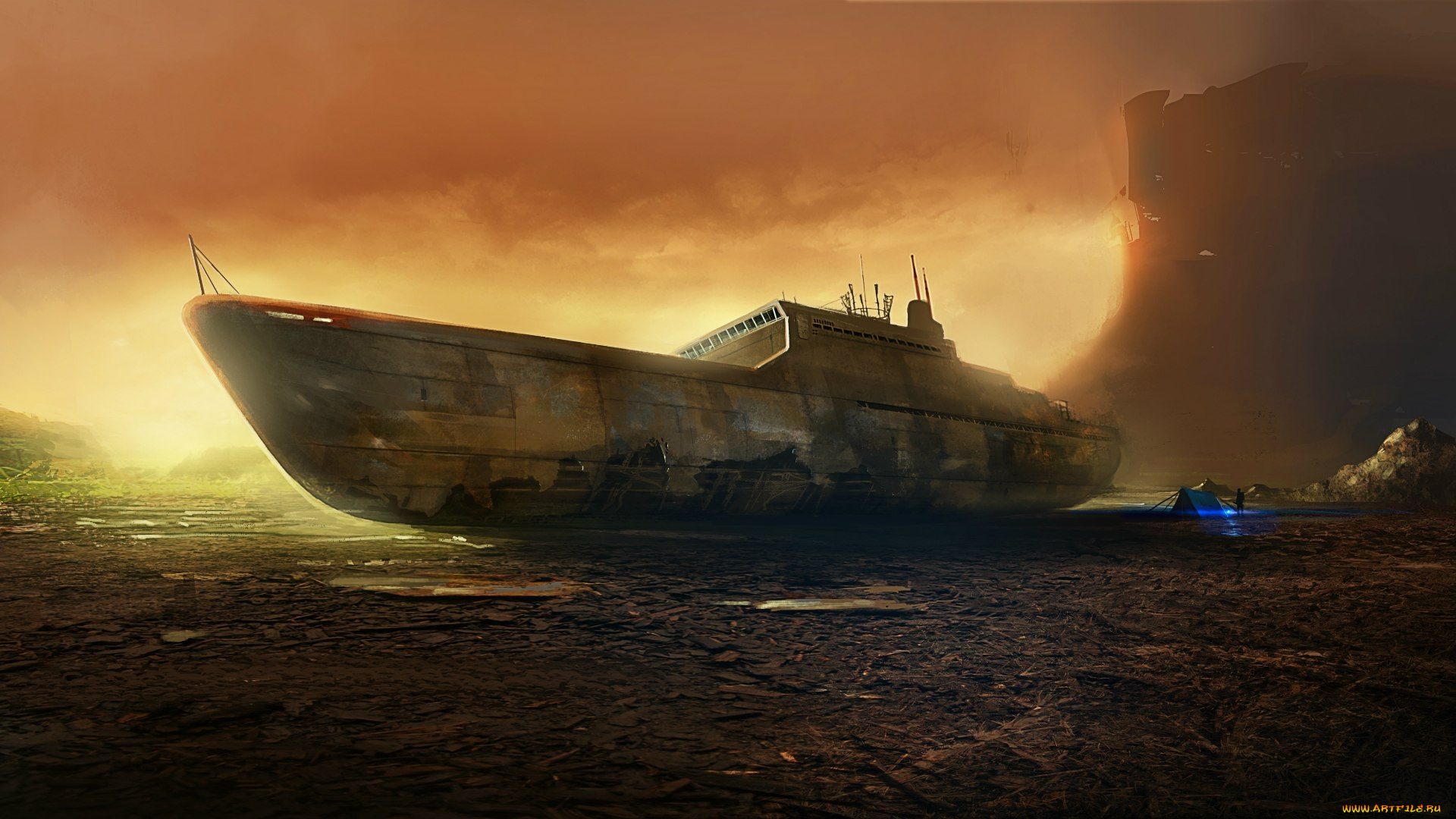 фэнтези, другое, скала, пустыня, палатка, корабль