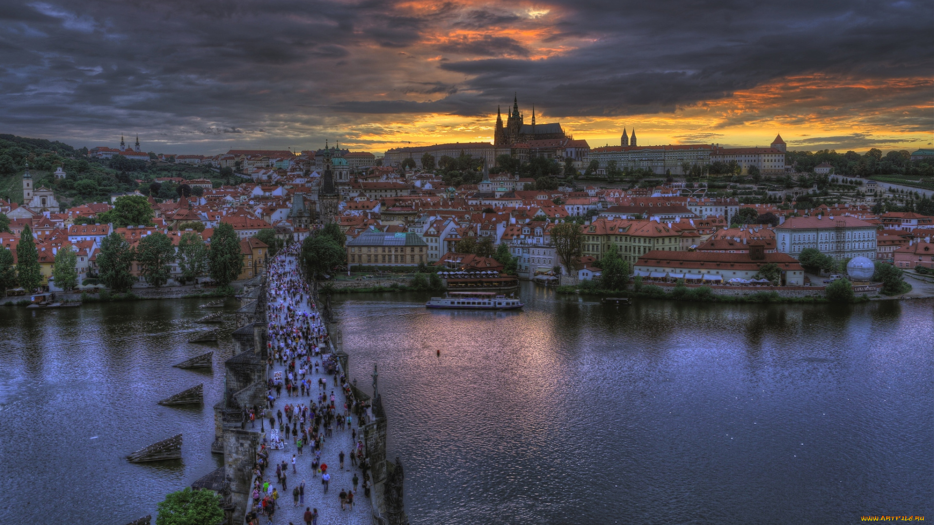 города, прага, Чехия, мост, река, панорама