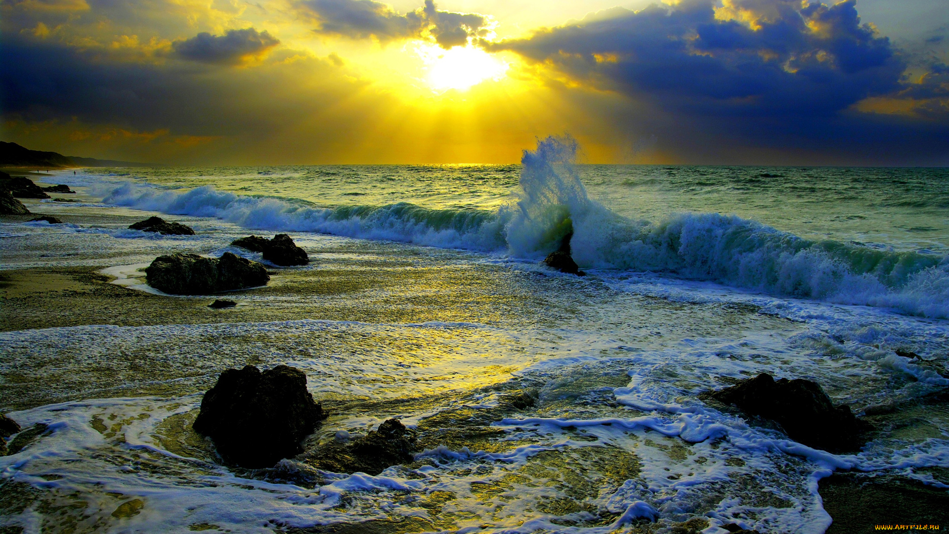 природа, восходы, закаты, океан, пляж, прибй, камни, тучи, свет