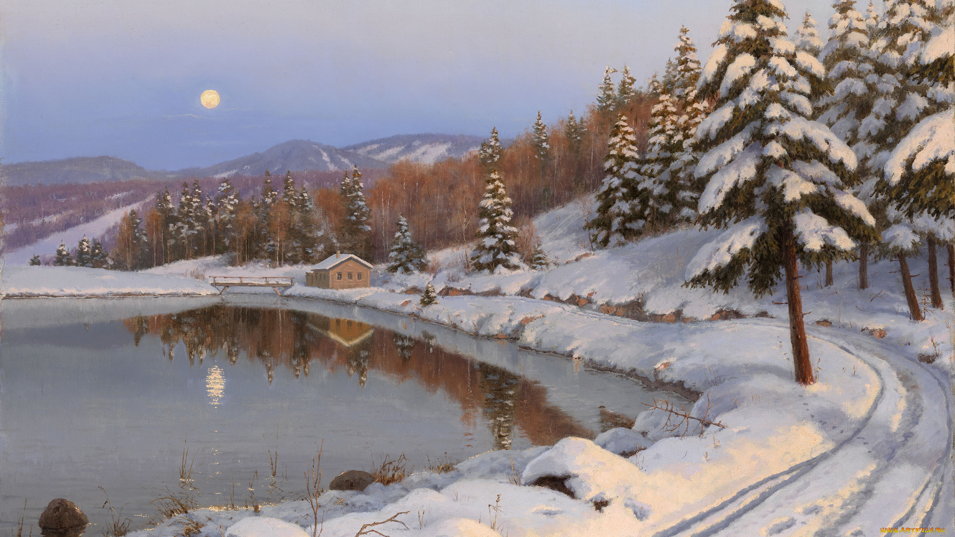 рисованные, борис, бессонов, зима, луна, озеро, горы, дом, лес, дорога, елки
