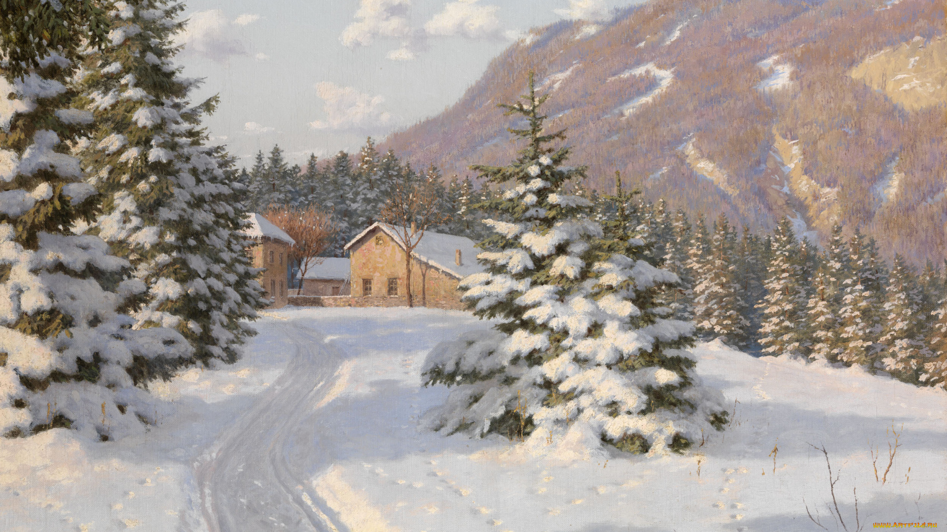 рисованные, борис, бессонов, зима, снег, горы, лес, дом, дорога, елки