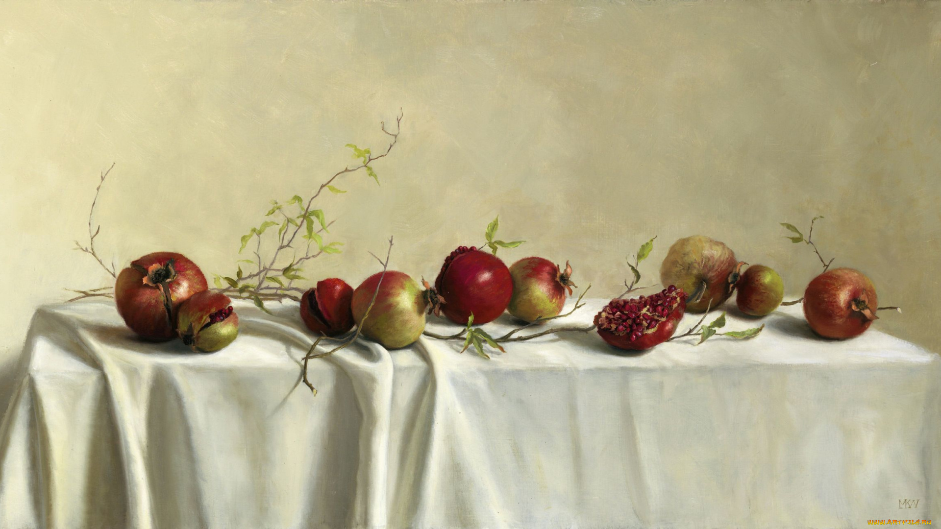 рисованные, еда, фрукты, скатерть, mary, kay, west, стол, гранаты, ветки, листья