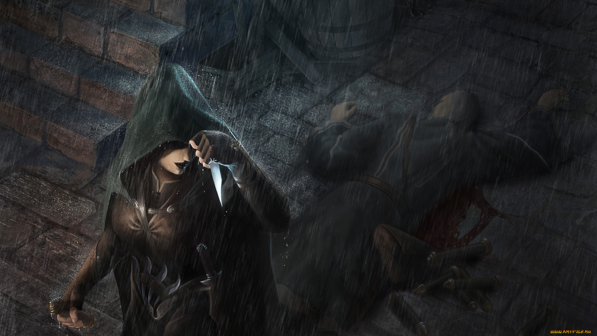 фэнтези, девушки, накидка, дождь, ассасин, девушка, убийца, вор, кровь, смерть