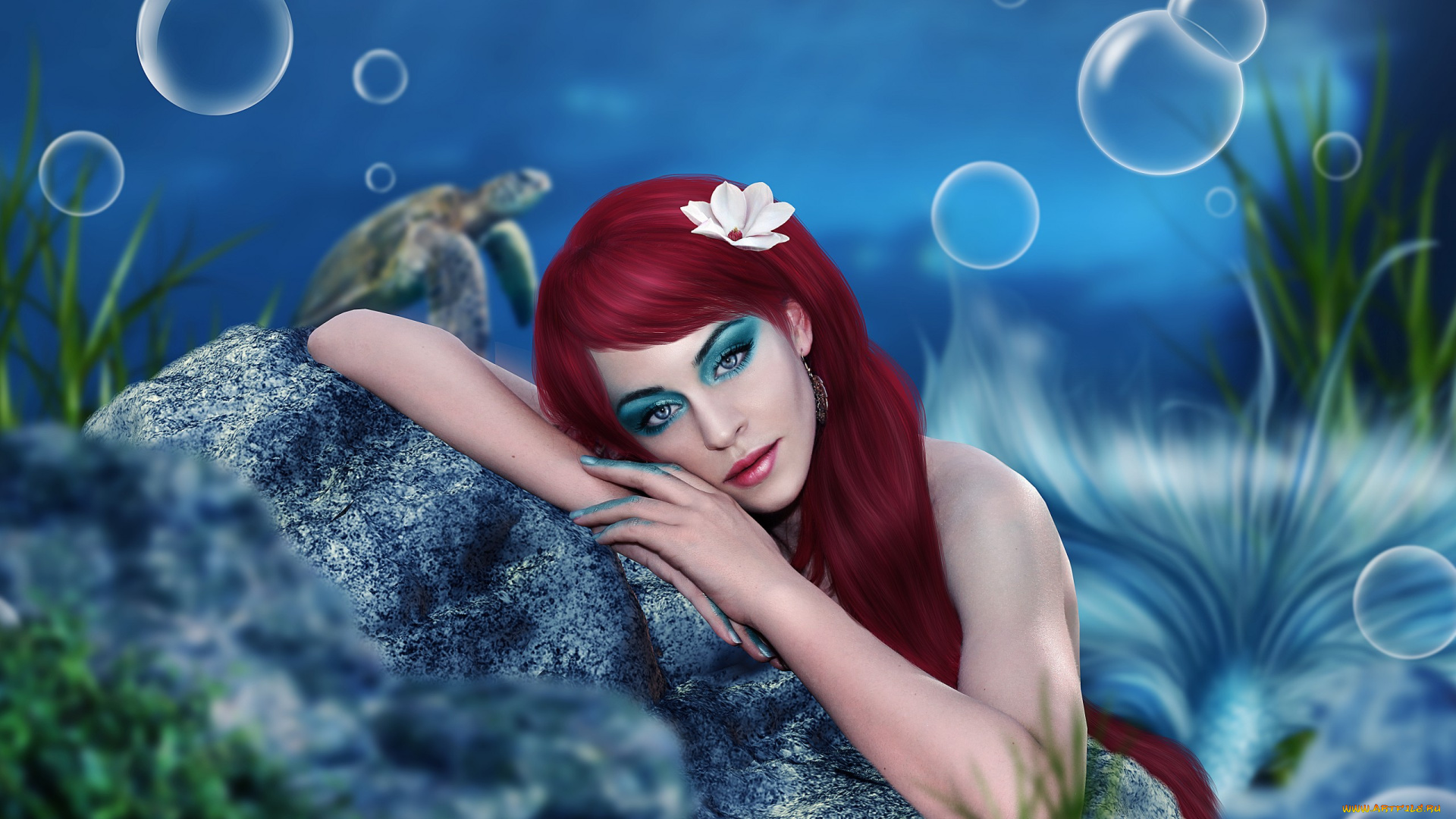 фэнтези, русалки, пузыри, камень, черепаха, русалка
