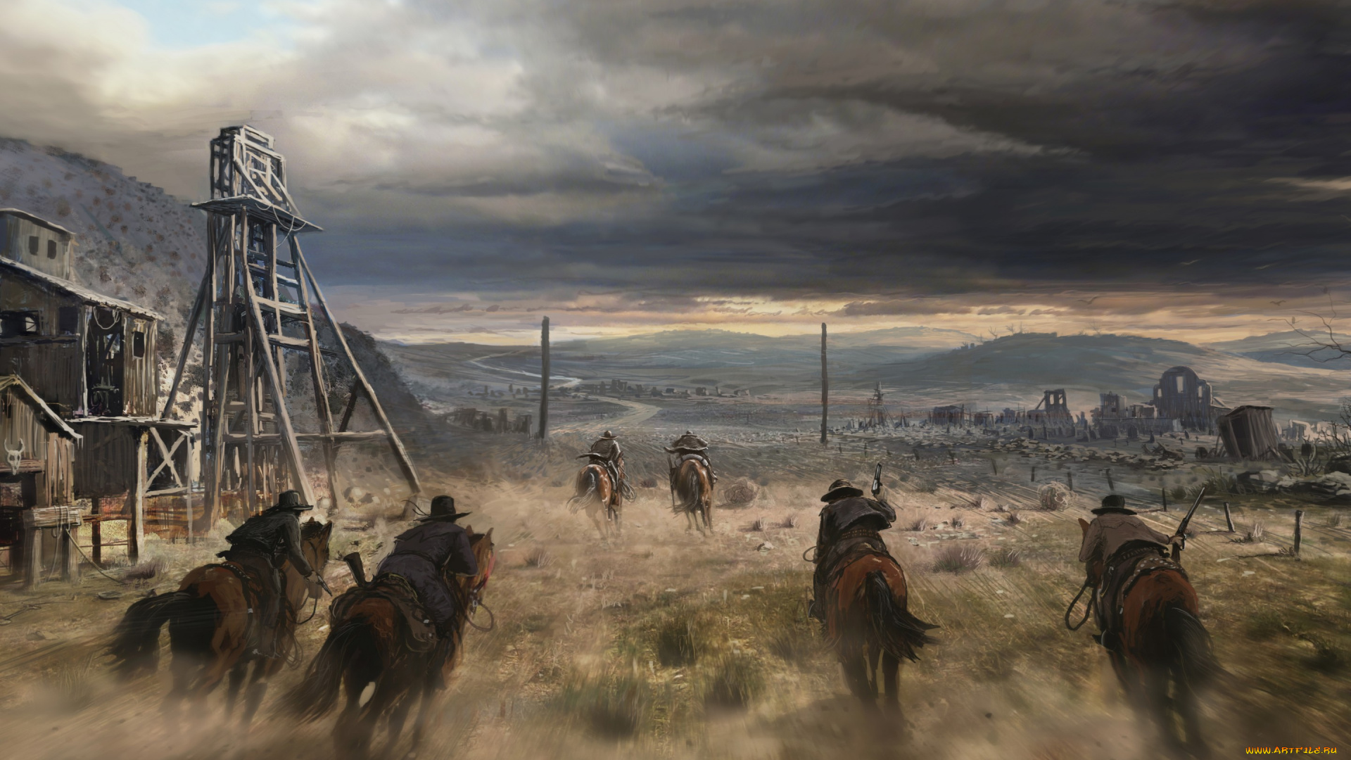 фэнтези, всадники, , наездники, руины, ковбои, лошади, погоня, прерия
