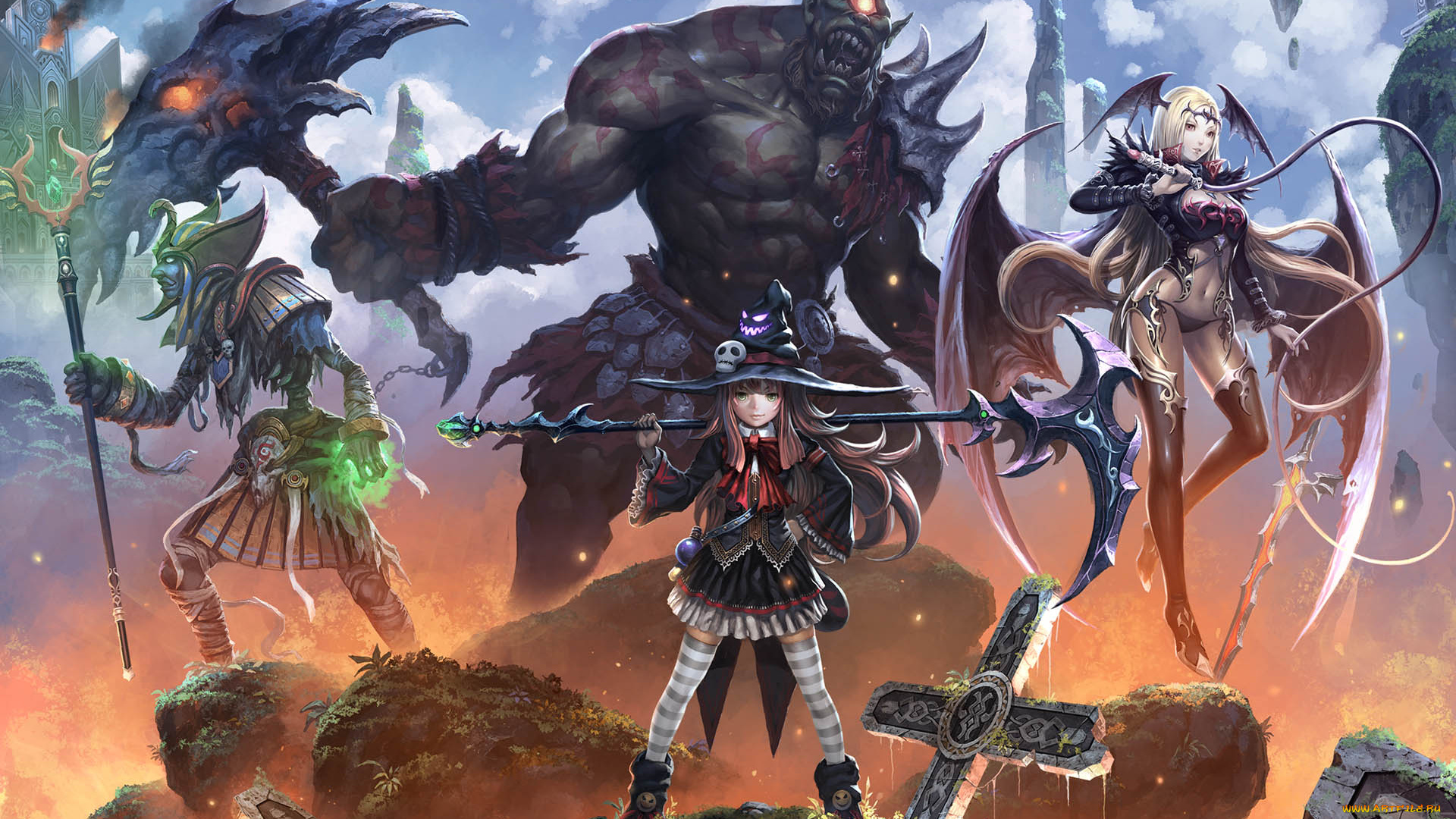 inferno, legends, видео, игры, демоница, девочка, колдун, кресты, монстр, циклоп