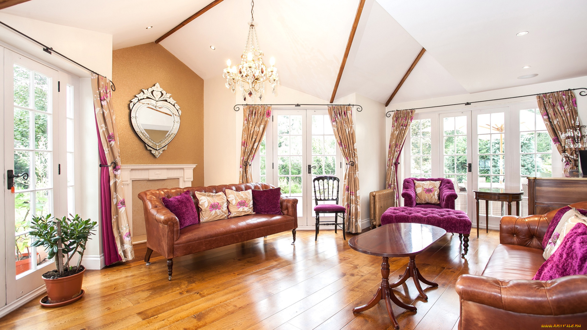 интерьер, гостиная, диваны, зеркало, стол