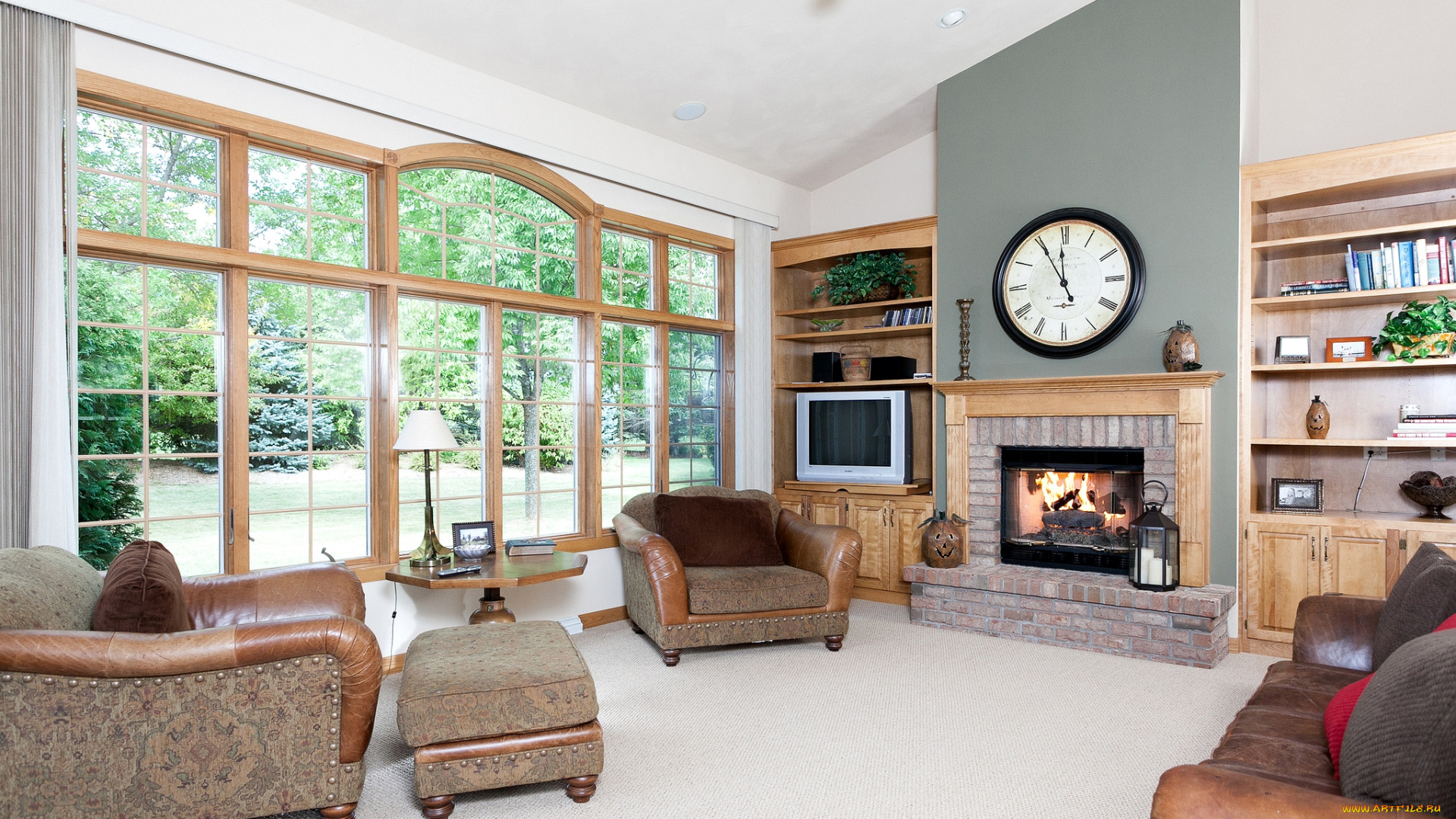 интерьер, гостиная, камин, часы