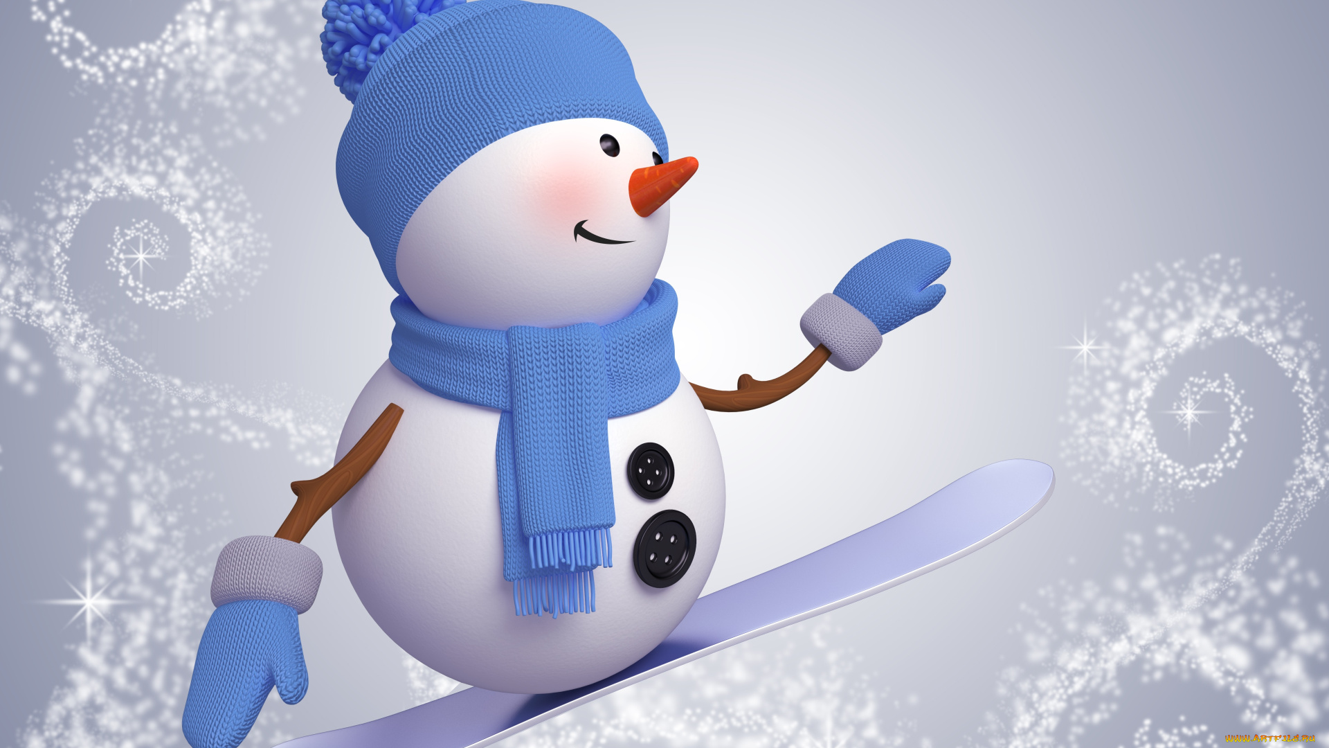 праздничные, 3д, графика, , новый, год, снеговик, лоска, сноуборд