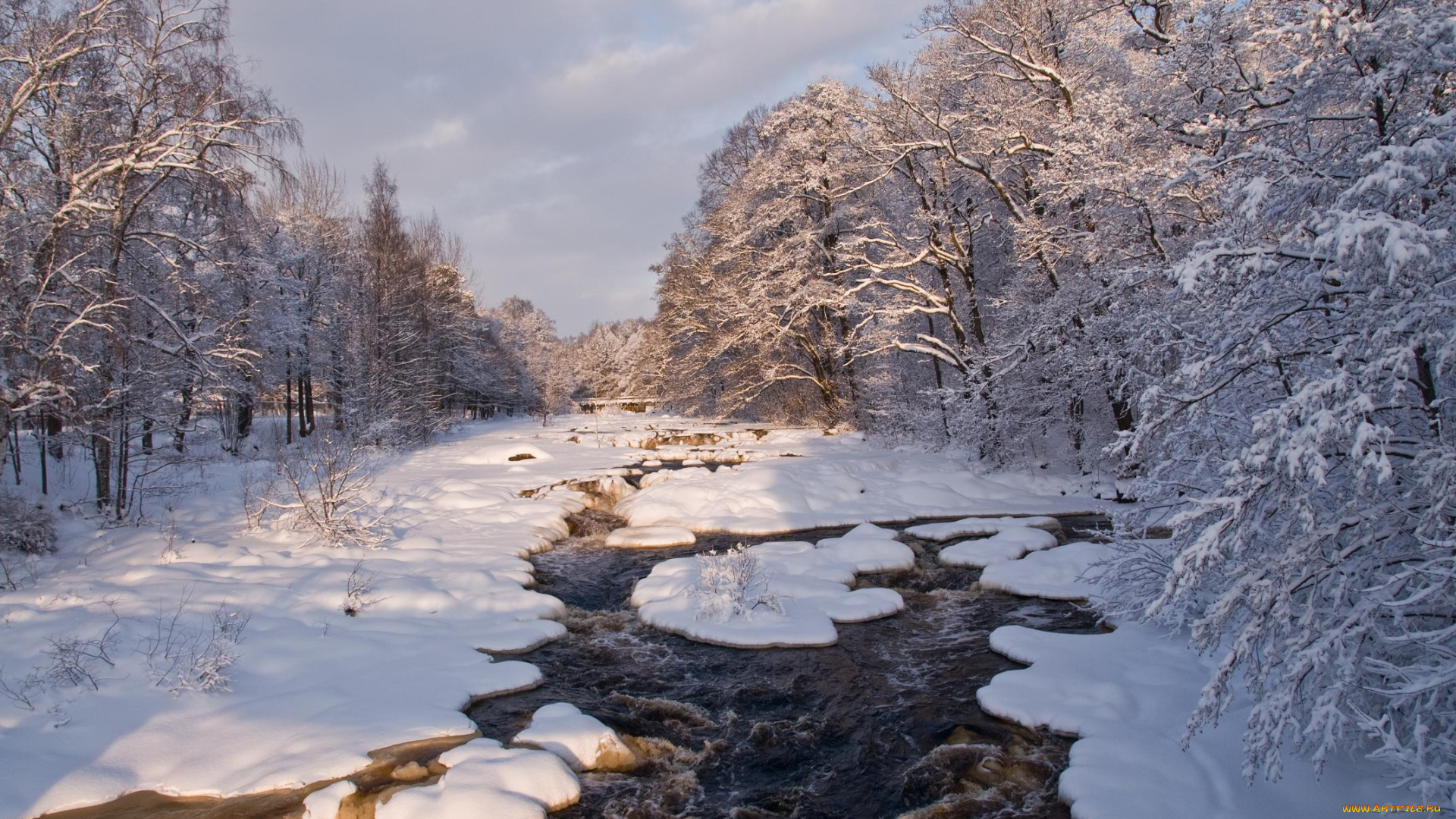 природа, зима, река, снег, деревья