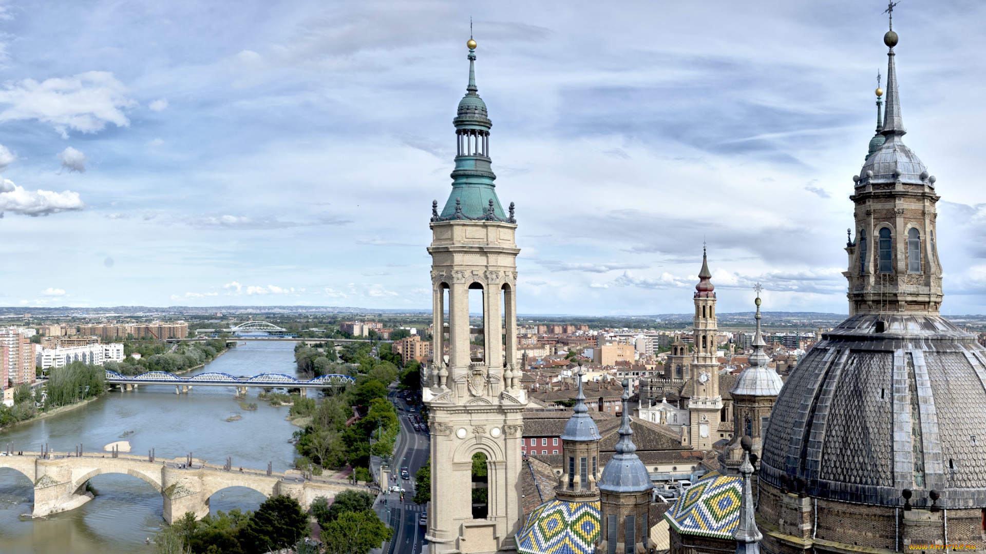 сарагоса, , испания, города, -, панорамы, река, мост, собор