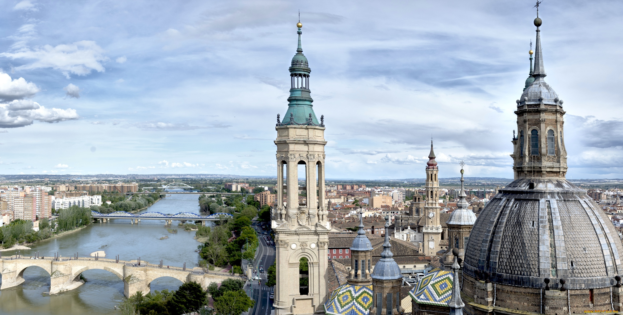 сарагоса, , испания, города, -, панорамы, река, мост, собор