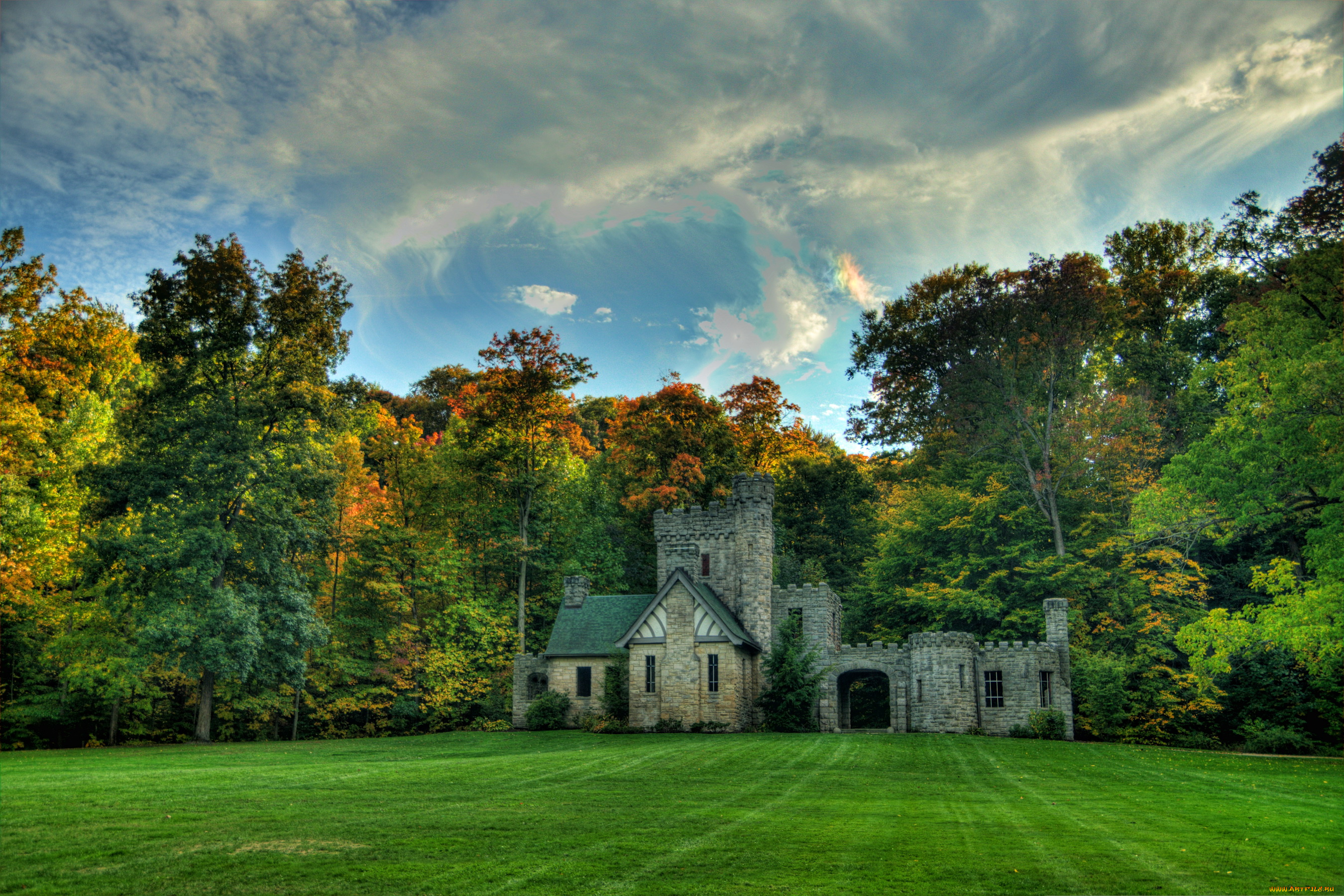 squires, castle, огайо, сша, города, -, дворцы, , замки, , крепости, замок, парк, трава, деревья