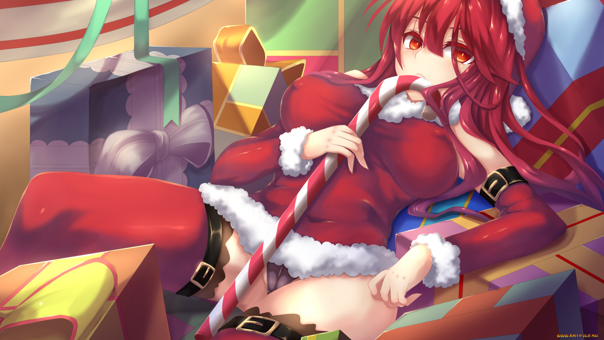 аниме, зима, , новый, год, , рождество, конфета, подарки, костюм, санта, клаус, девушка, forbiddenimmortality, ремни, ленты, шапка, fi-san, elesis, elsword