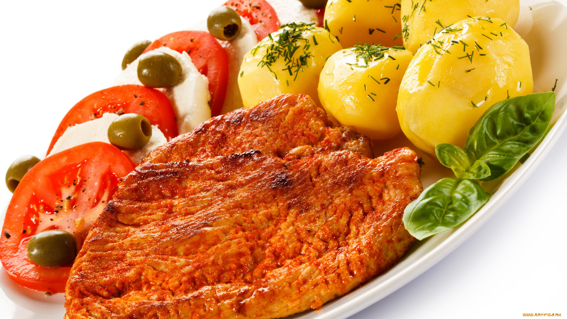 еда, вторые, блюда, картофель, стейк, мясо, помидоры