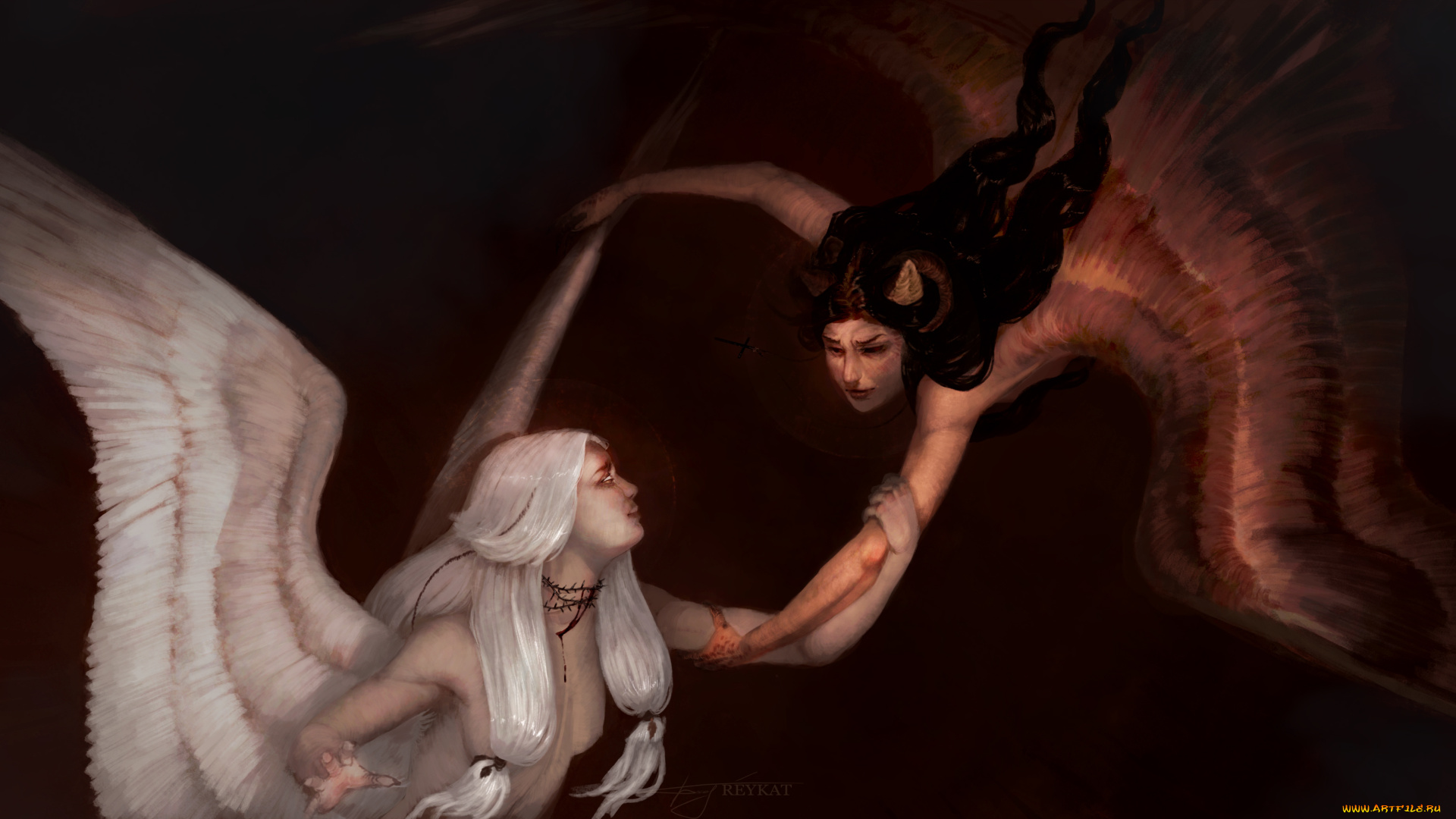 фэнтези, существа, ангел, арт, взгляд, крылья, фантастика, демон